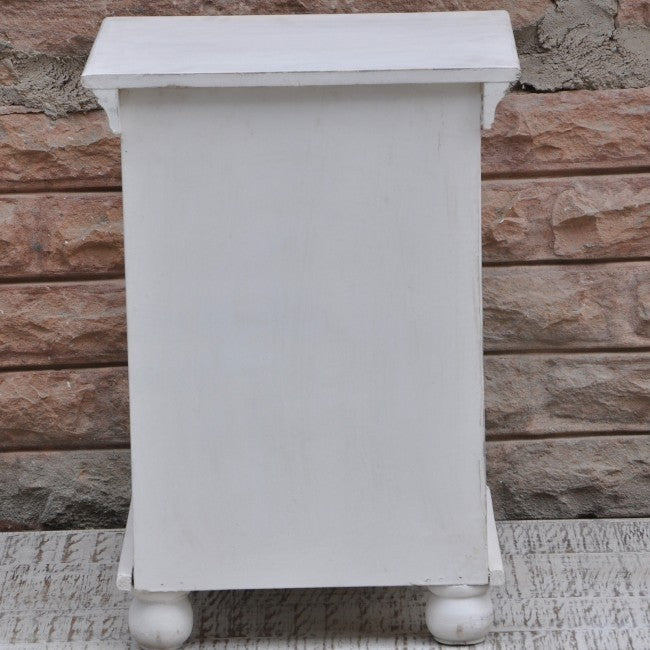 Hand Carved Wooden Bedside Table - Natural White Nightstand with Drawer for Bedroom Decor | Rustic Night Stand for Small Spaces & Modern Home Furniture
