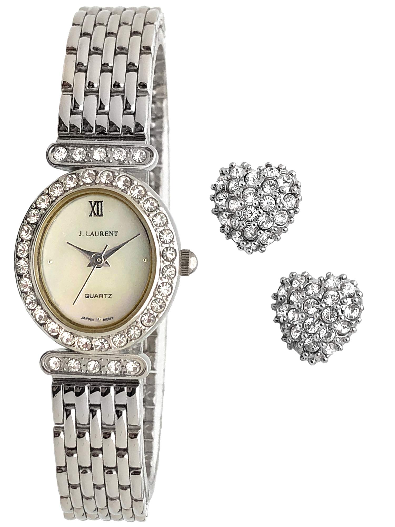 J. Laurent Women's Silver Panther Link Crystal Watch & Studded Heart Earrings Gift Set - Elegant Jewelry for Christmas, Parties, Date Nights & Special Occasions