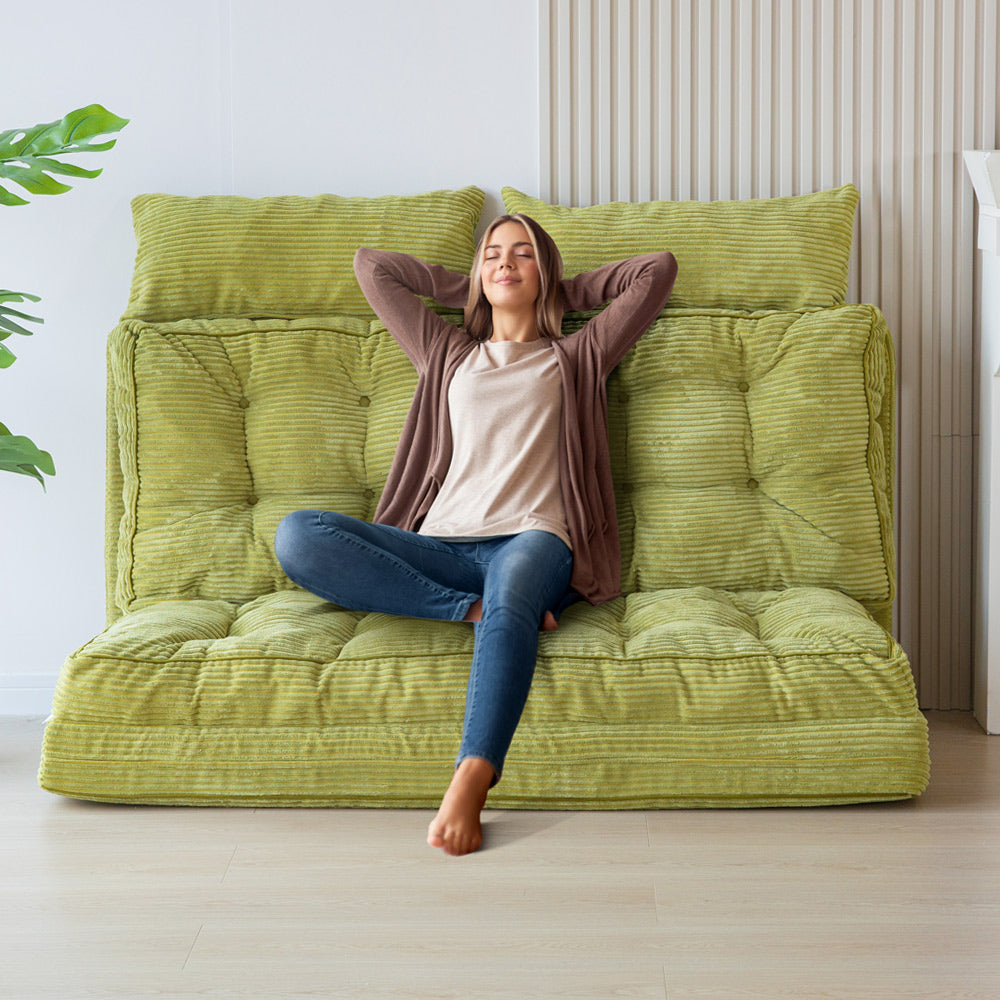 MAXYOYO Tufted Bean Bag Sofa Bed - Foldable Floor Couch with Pillows in Green | Comfortable Lounge Chair for Living Room, Bedroom & Game Room