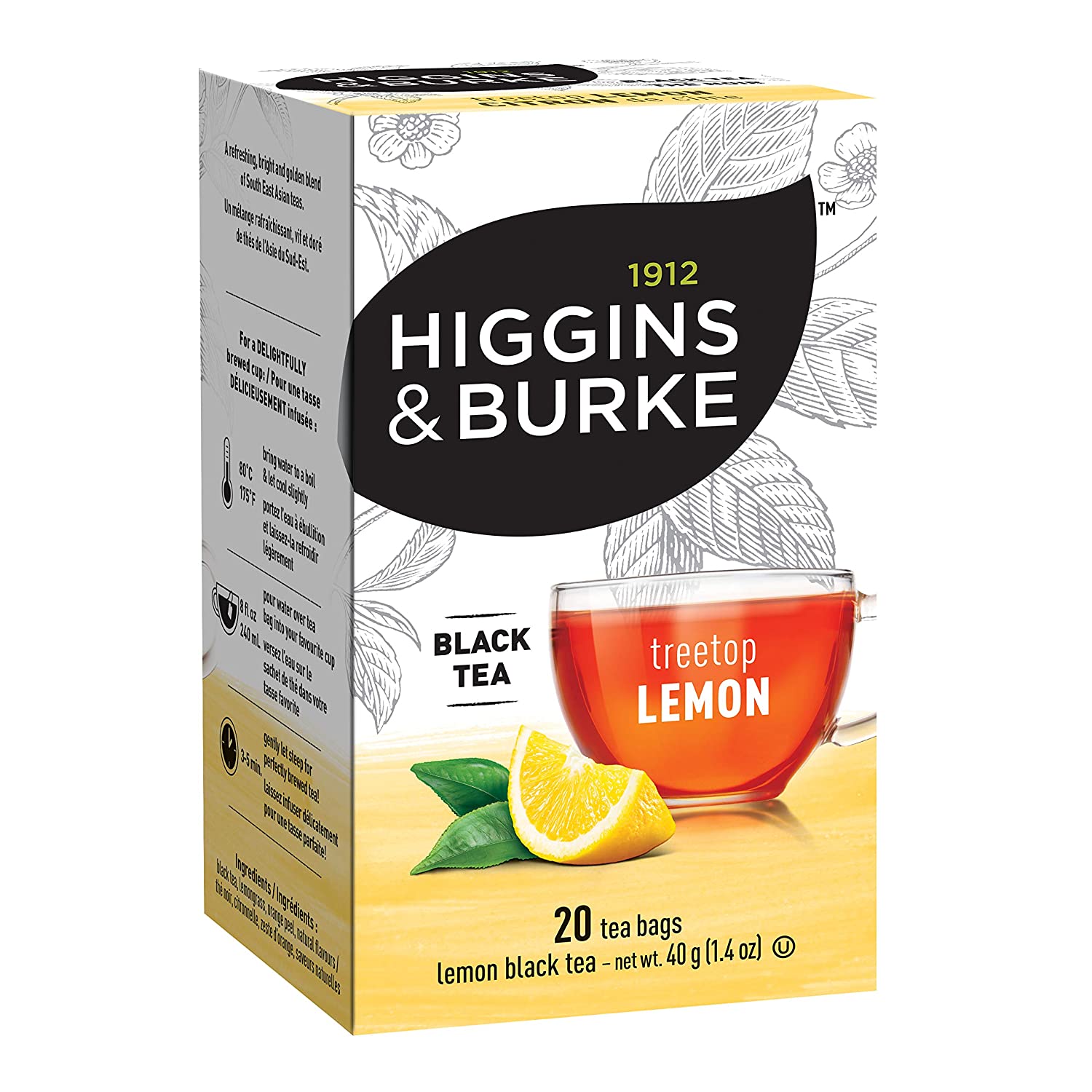 Higgins & Burke Treetop Lemon Herbal Tea Bags - 20 Count | Refreshing Citrus Flavor for Relaxation & Wellness | Perfect for Morning Boost or Afternoon Pick-Me-Up