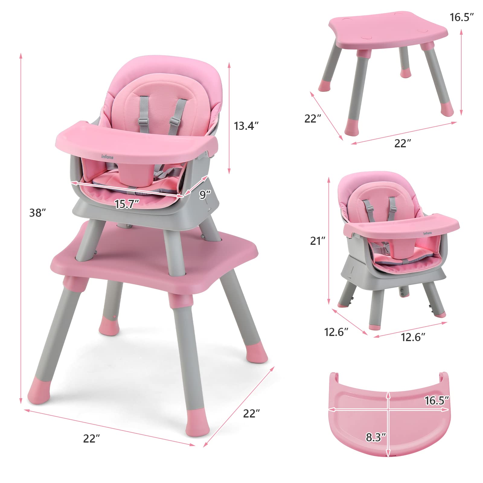 INFANS 8-in-1 Convertible Baby High Chair - Adjustable Toddler Booster Seat with Removable Tray, Building Block Table & Kids Stool - Perfect for Dining, Playtime & Learning Activities at Home