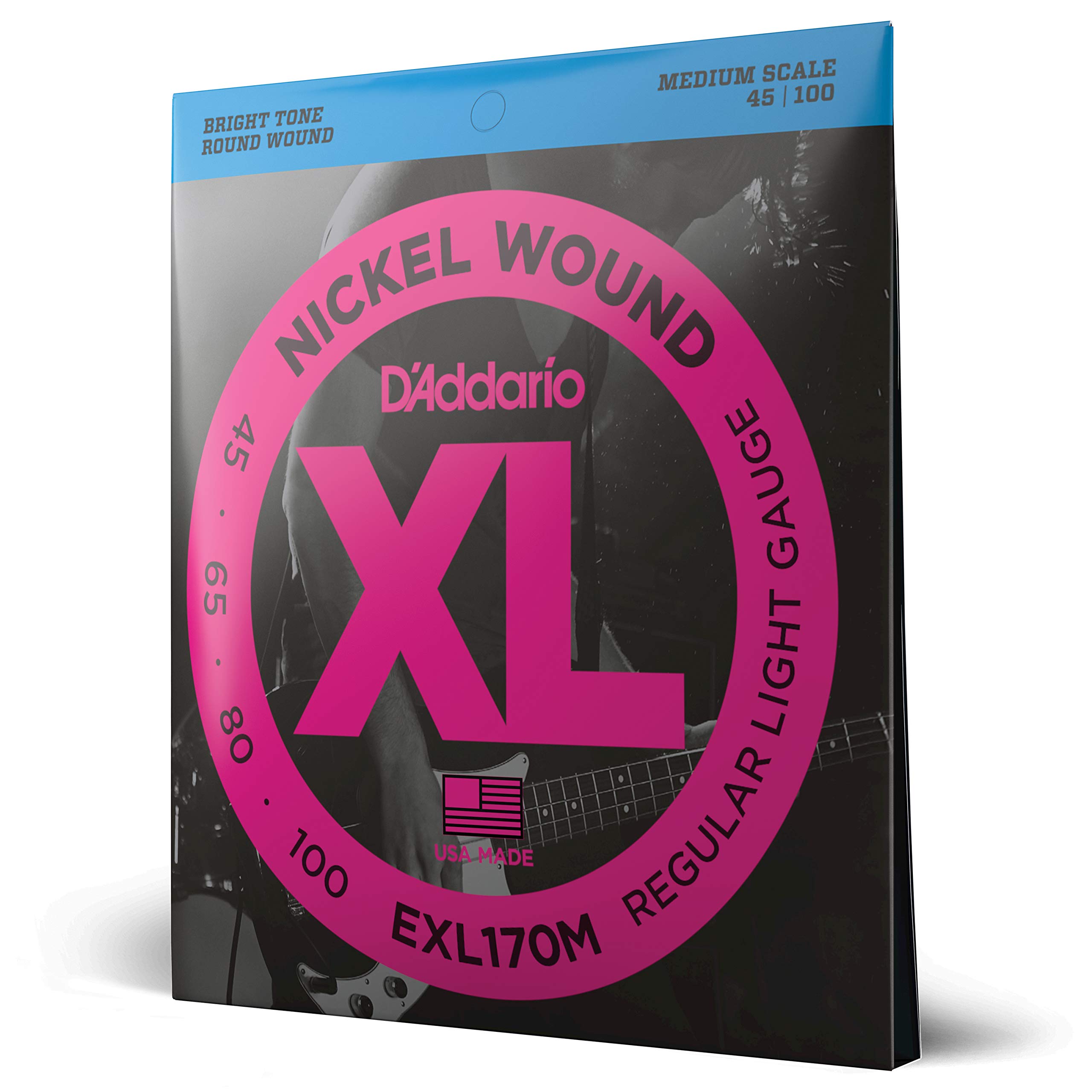 D'Addario EXL170M XL Nickel Bass Guitar Strings - 45-100 Regular Light, Medium Scale for 4 String Bass - Superior Intonation, Consistent Feel & Long-Lasting Durability - Ideal for Rock, Jazz & Studio Recording Performances