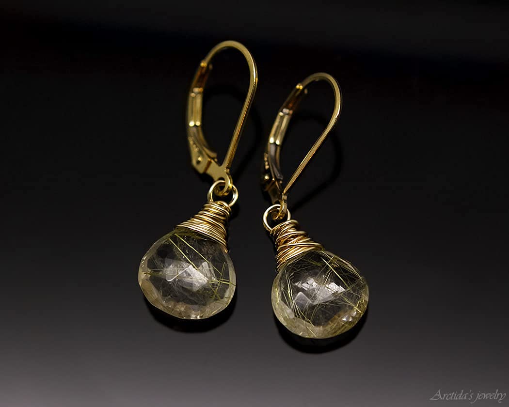 Golden Rutilated Quartz Earrings and Necklace Set - Natural Gemstone Jewelry with Gold Pendant - Elegant Rutile Quartz Gold Jewelry for Women - Perfect for Weddings, Parties & Special Occasions