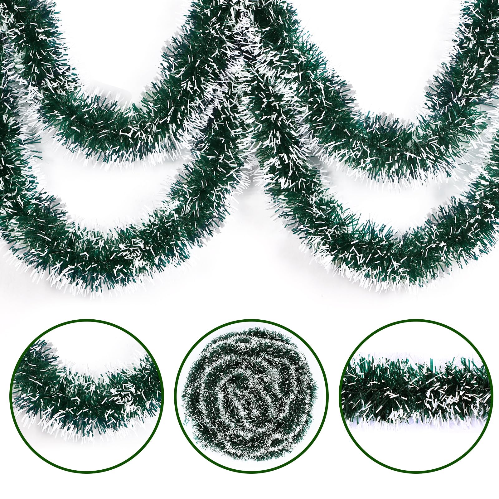 CEWOR 66ft Green & White Christmas Tinsel Garland - Tree Decor for Holidays, Weddings & Parties