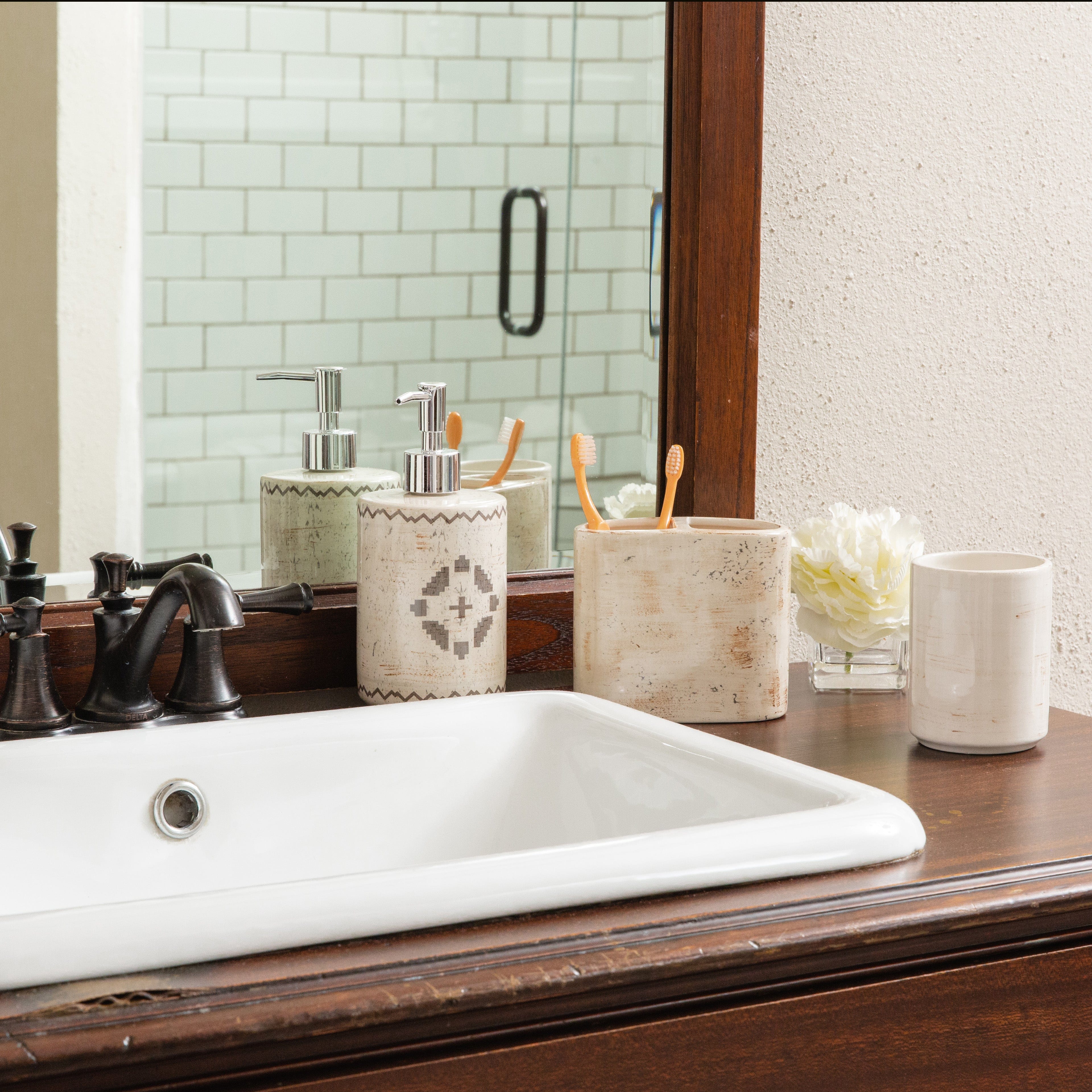 Dakota Ceramic 3-Piece Countertop Bathroom Set - Soap Dispenser, Toothbrush Holder & Tumbler Cup - Modern Vanity Organizer for Bathroom, Kitchen or Guest Room Decor
