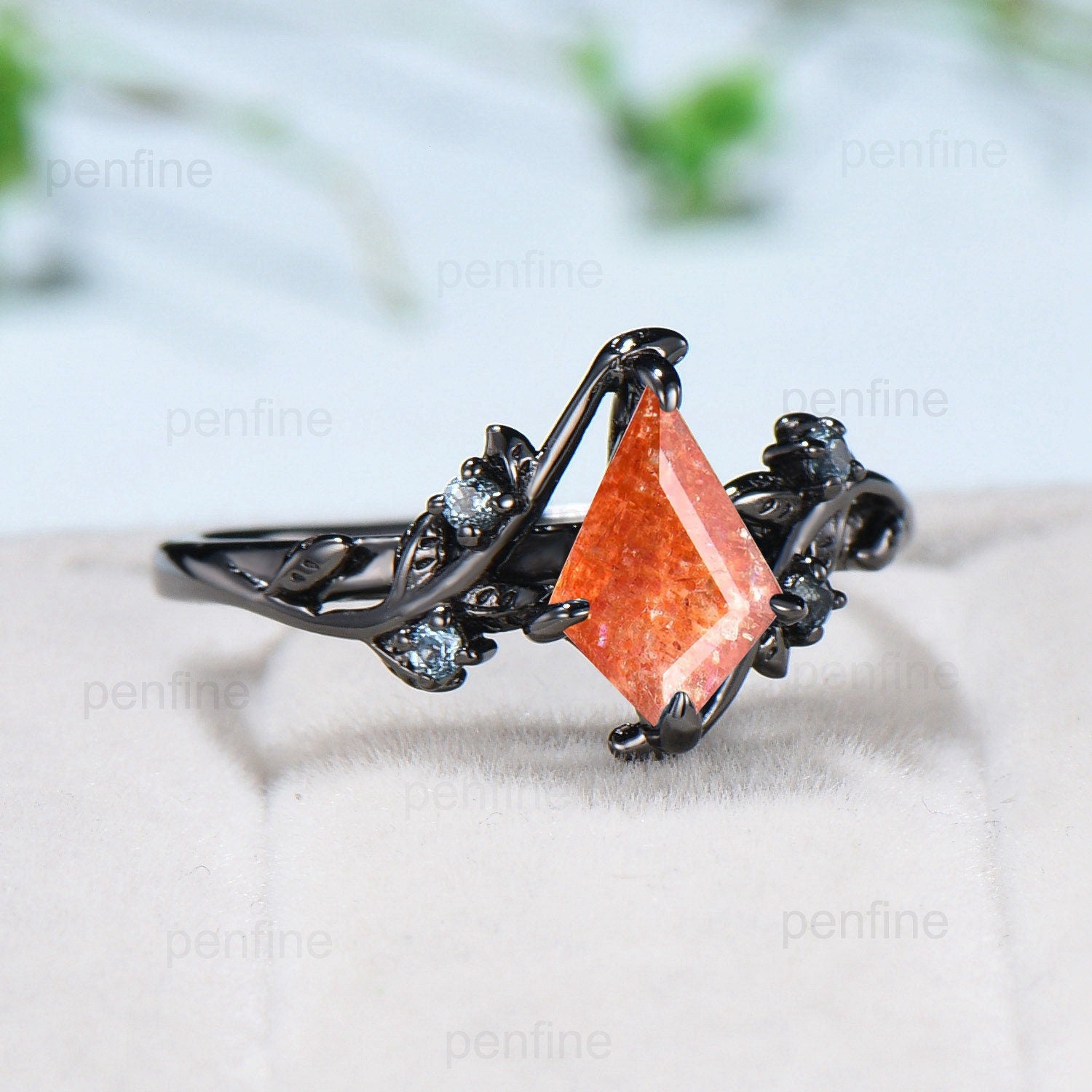1 Carat Kite Cut Black Gold Sunstone Ring - Vintage Natural Leaf Vine Engagement Ring, Handmade Branch Wedding Band - Perfect for Proposal Gifts, Anniversary & Boho Bridal Jewelry