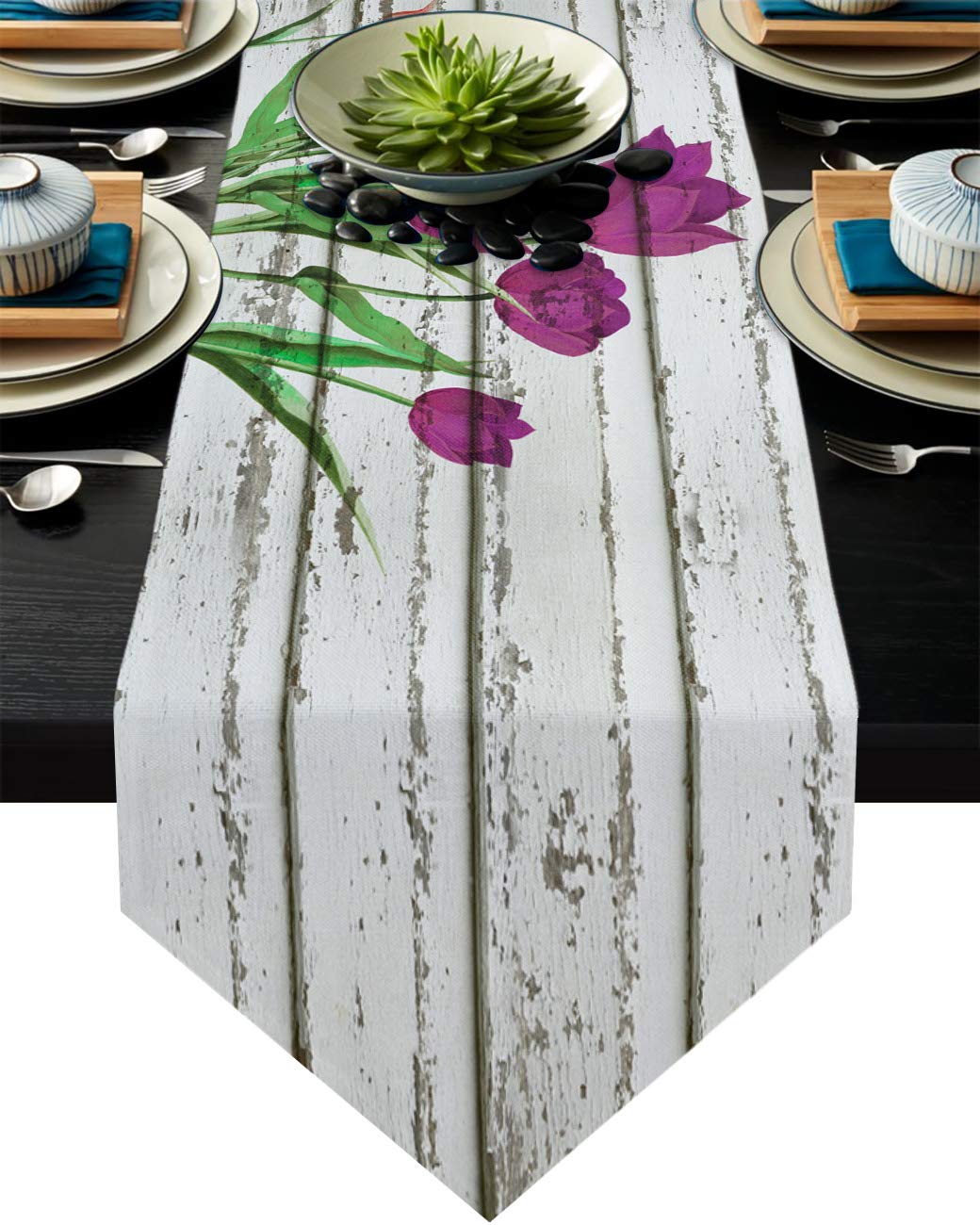 Elegant Purple Tulip Wooden Table Runner - 72 Inch Burlap Linen Dining Decor for Kitchen, Living Room, Parties, Weddings & Home Events
