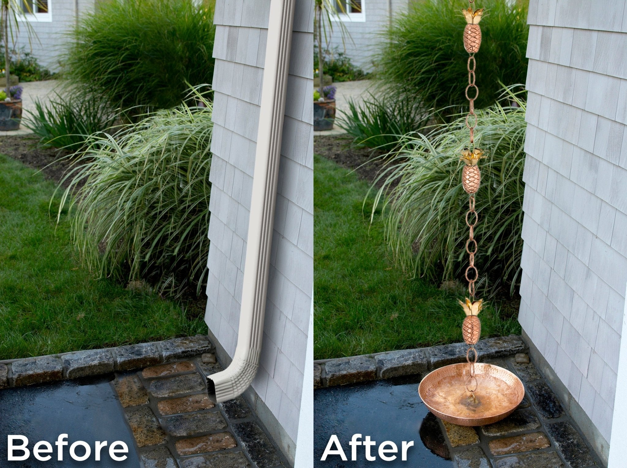 8.5 ft Pineapple Rain Chain with 4 Large Figures - Decorative Garden Water Feature for Outdoor Patio & Yard Drainage