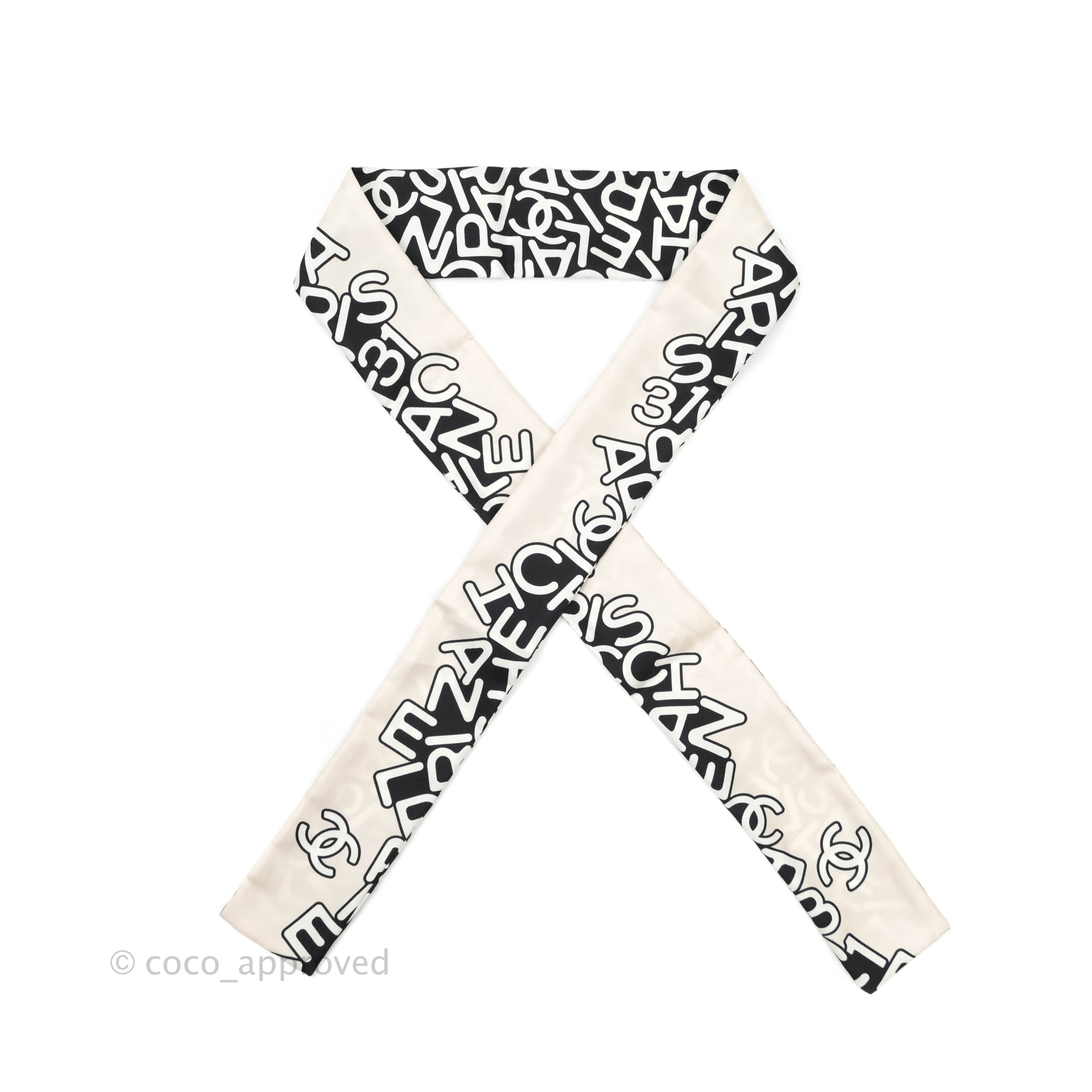 Chanel CC Silk Twilly Scarf in Black & Pale Beige - Luxury Fashion Accessory for Women, Perfect for Handbags, Hats & Gift Giving