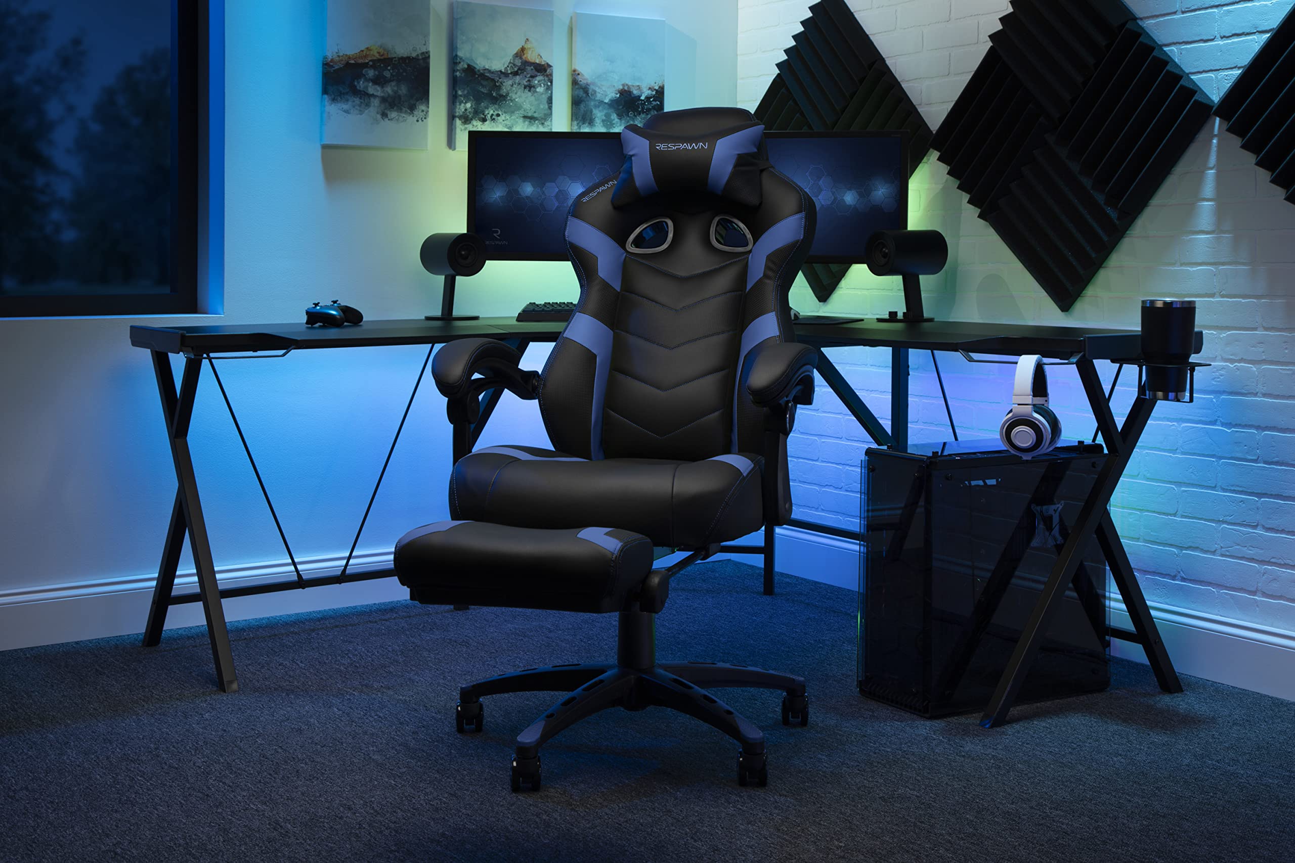 RESPAWN 110 Ergonomic Gaming Chair with Footrest - Racing Style High Back Office Chair with 360 Swivel, Adjustable Lumbar Support & Headrest Pillow - Perfect for PC Gaming, Home Office & Streaming Setup (2021 Blue)