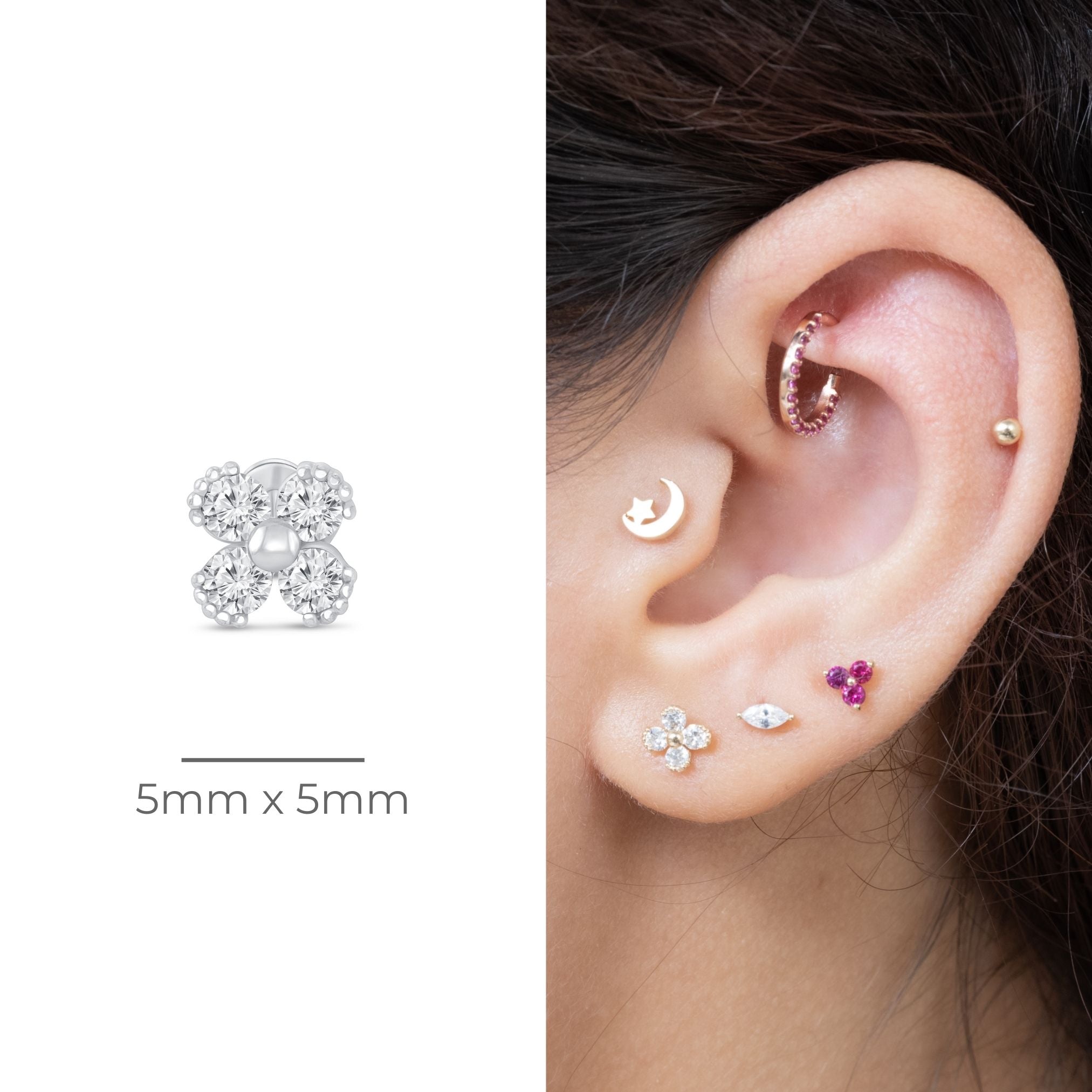 14k White Gold Beaded Four Petal Flower Diamond Flat Back Stud Earrings for Women - Perfect for Weddings, Parties & Everyday Elegant Wear