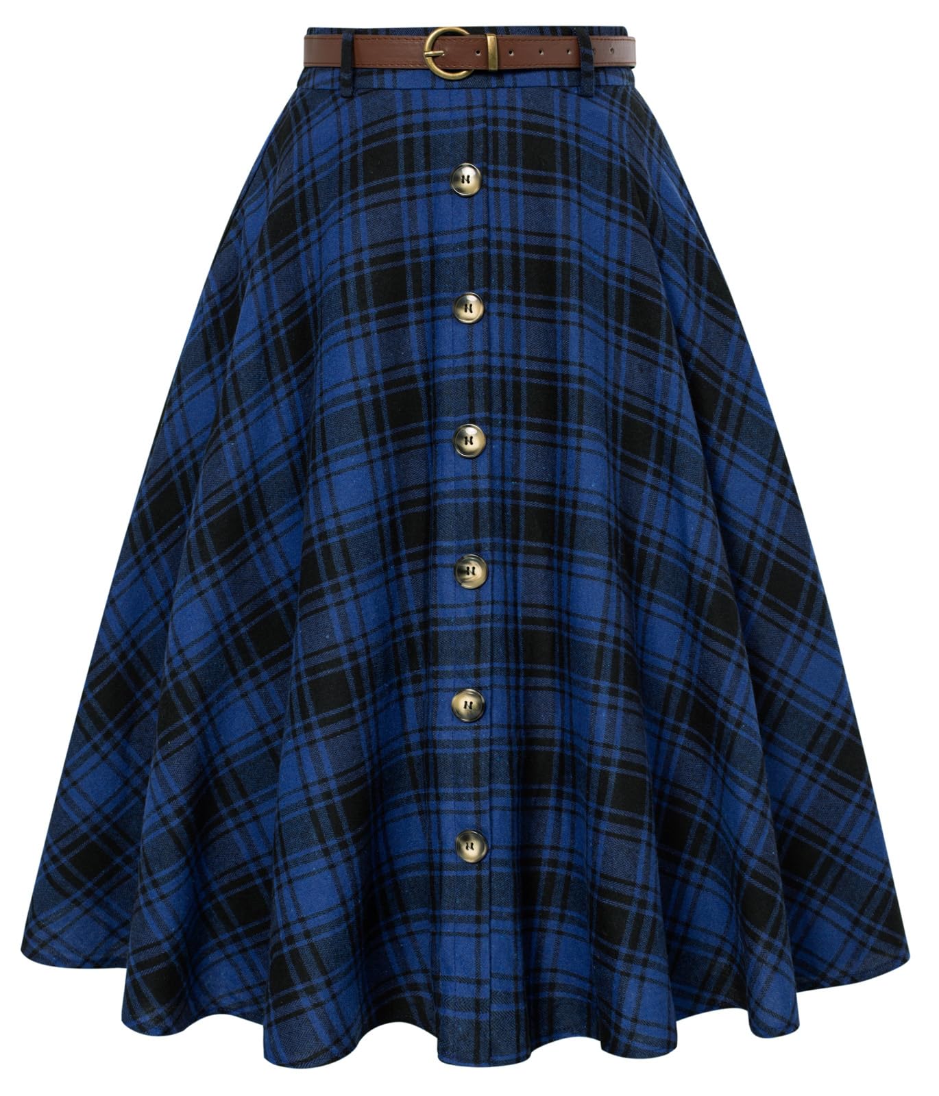Belle Poque Women's Vintage Plaid A-Line Skirt - Pleated Flared Midi Skirt with Pockets & Belt for Fall Winter | Office, Party & Casual Wear