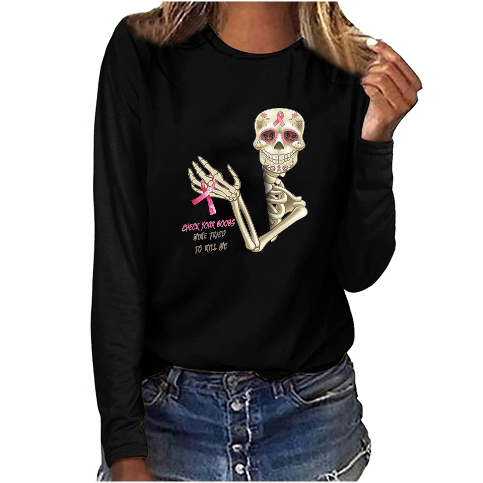 Women's Pink Ribbon Breast Cancer Awareness Sweatshirt - Trendy Skeleton Print Crewneck Long Sleeve Pullover for Support & Comfort | Perfect for Fundraisers, Survivor Events & Everyday Wear