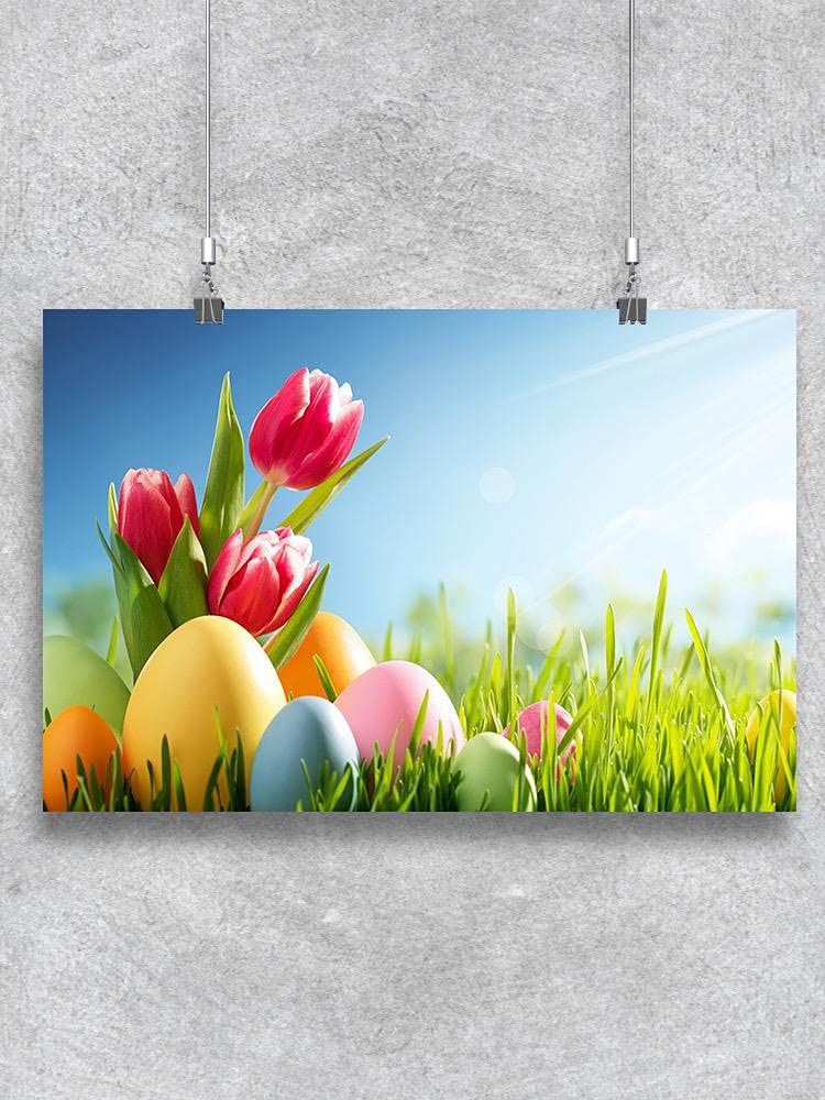 Smartprints Easter Eggs and Red Tulips Poster - Spring Wall Art Decor for Home, Office, Nursery | Perfect for Easter Decorations, Living Room, Bedroom
