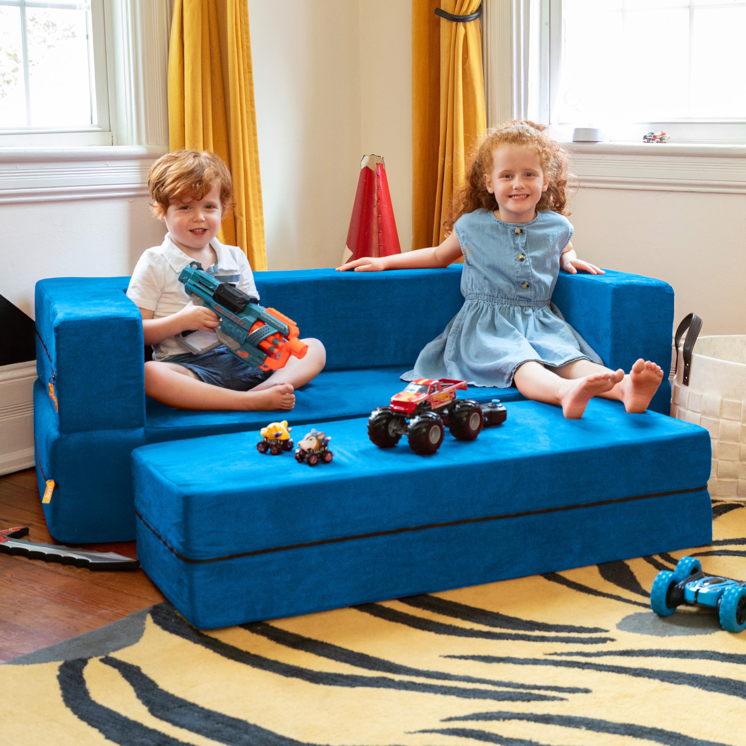 Jaxx Zipline Kids Sofa & Large Ottoman 3-in-1 Fold Out Convertible Sofa Bed - Big Kids Edition in Blueberry - Perfect for Playroom, Bedroom or Lounge Area
