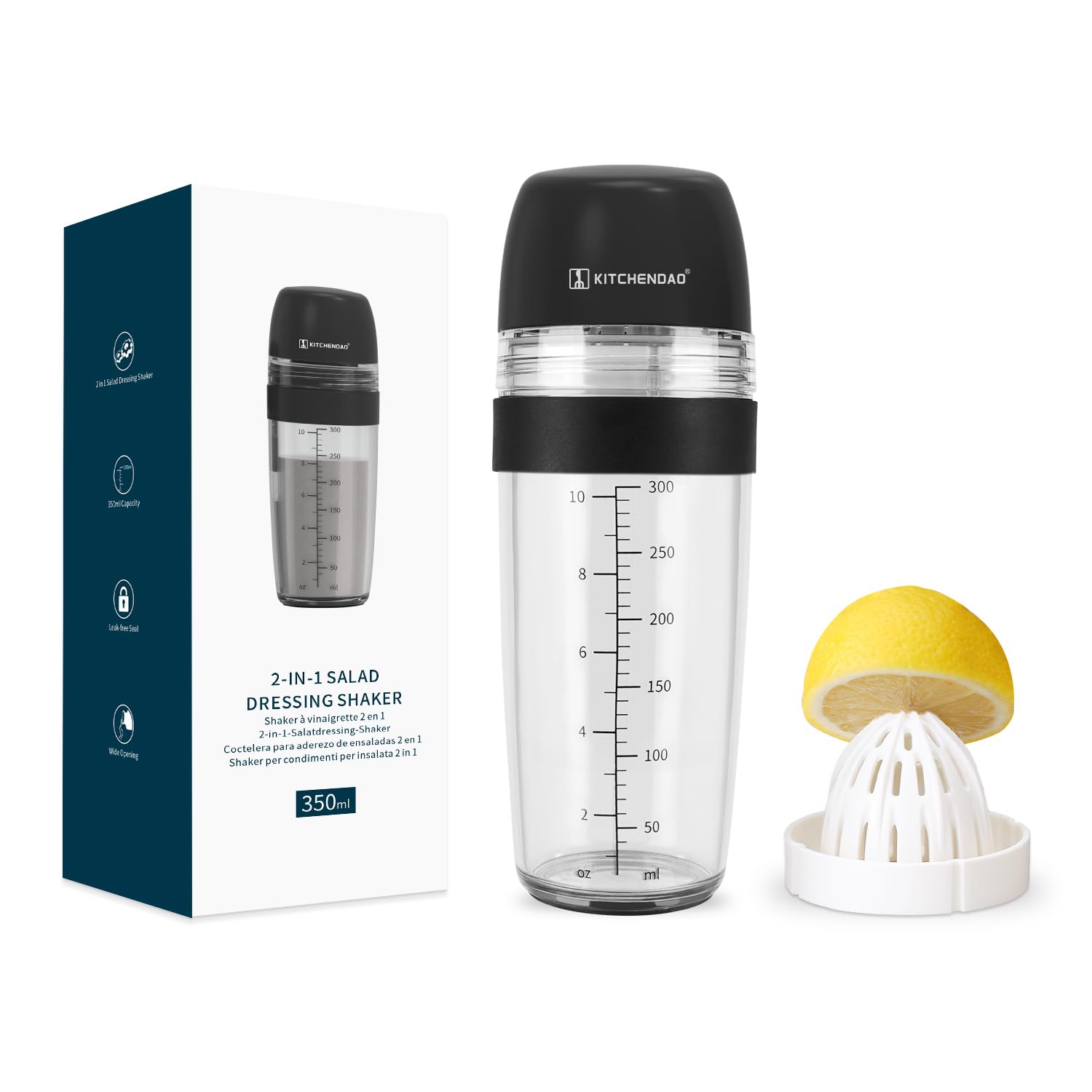 KITCHENDAO 2-in-1 Salad Dressing Shaker & Juicer - Leakproof Oil Vinegar Mixer with Pour Spout, BPA Free, Dishwasher Safe (1.5 Cups) - Perfect for Homemade Dressings, Travel & Kitchen Use