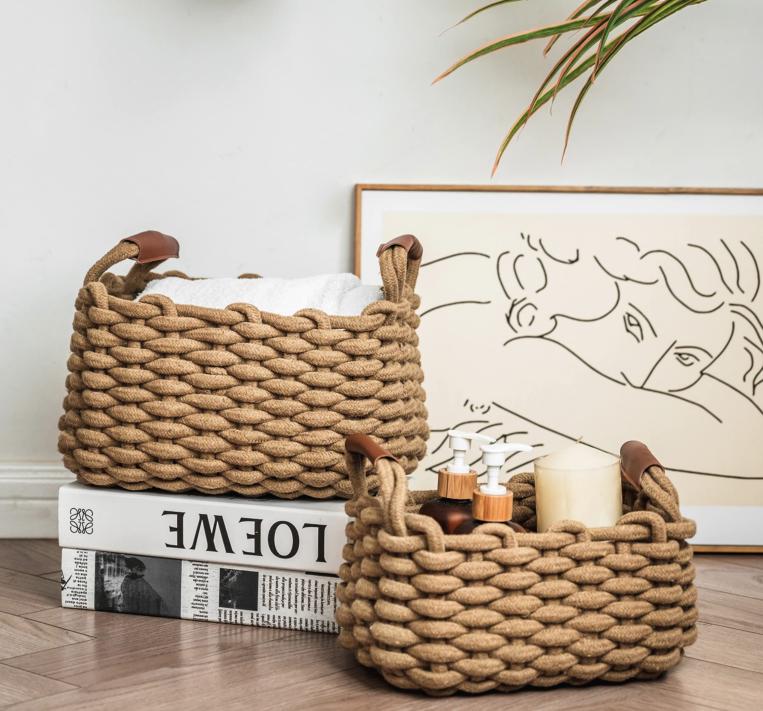 2 Pack Hand Woven Cotton Rope Rectangle Nursery Baskets - Foldable Storage Bins for Jewelry, Remote Control, Fruits & Baby Items | Shelf Organizer & Home Decor (Camel Color) - Perfect for Nursery, Living Room & Bedroom Organization