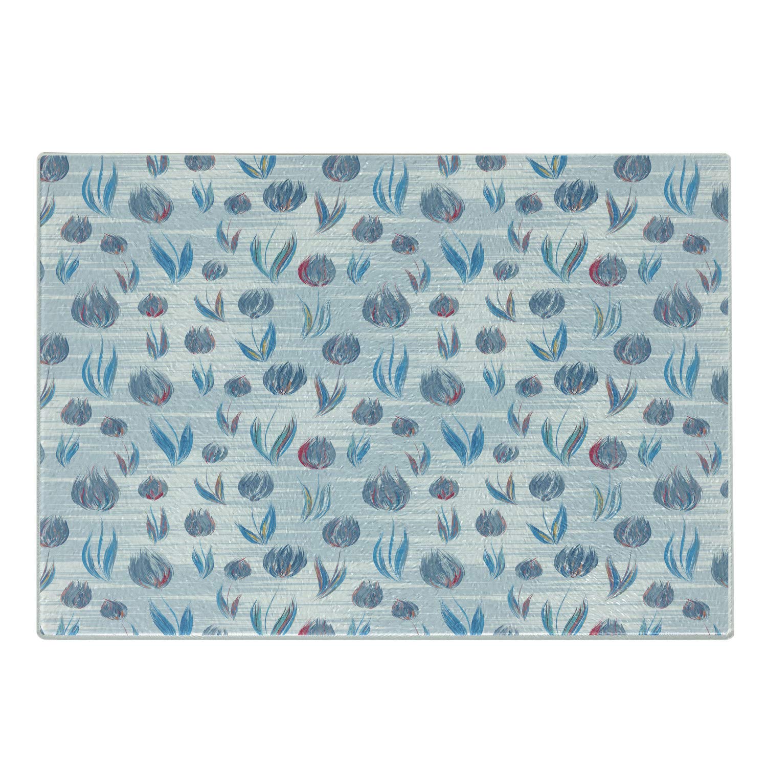 Ambesonne Tulip Tempered Glass Cutting Board - Decorative Serving Board with Vibrant Tiled Tulip Design, Non-Slip Surface, Small Size (Blue) - Perfect for Cheese Platters, Charcuterie, and Kitchen Decor