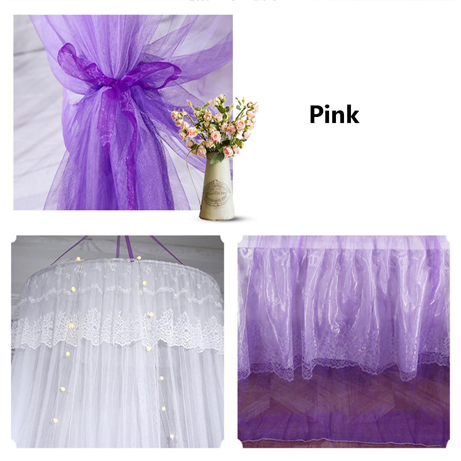 Walkervo Mosquito Net Bed Canopy with LED Lights - Dome Princess Bed Tent with Round Lace Design, Hanging Mosquito Net for Double/Single Beds (Purple) - Perfect for Kids' Rooms, Camping & Outdoor Adventures