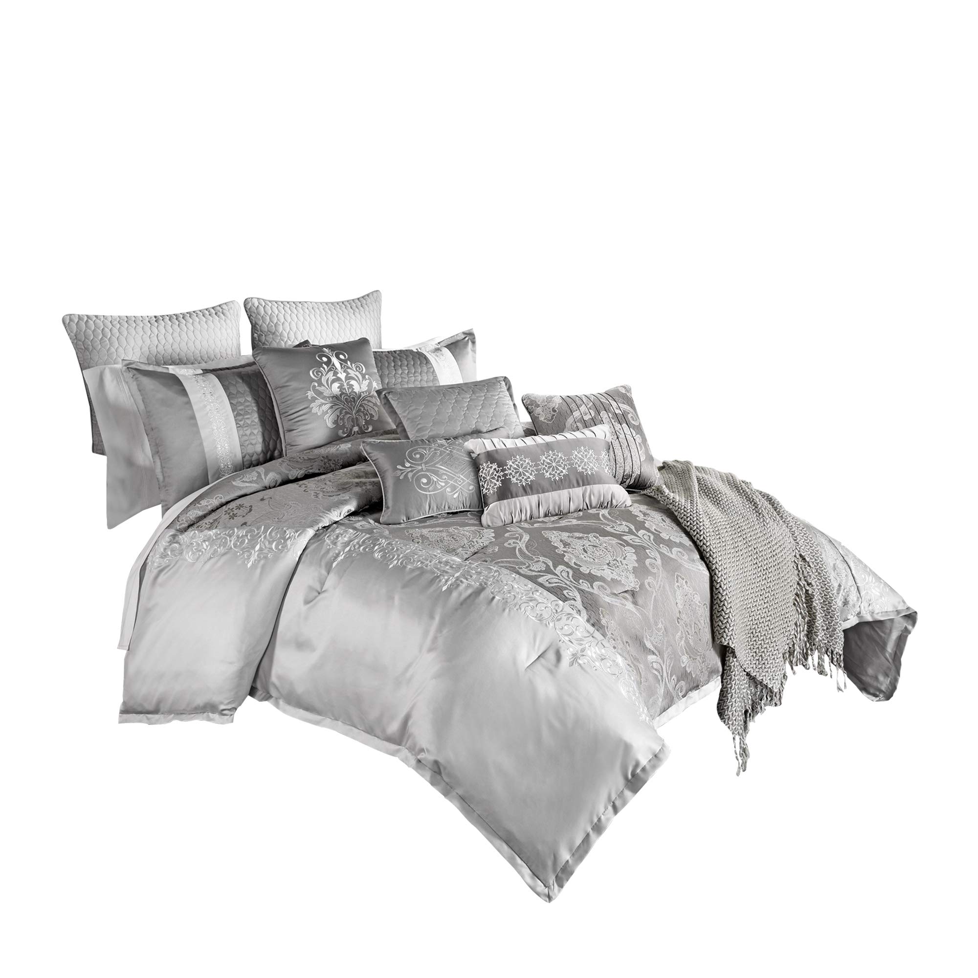Benjara 12-Piece King Size Polyester Comforter Set with Elegant Medallion Print in Gray - Luxury Bedding for Master Bedroom & Guest Room Decor
