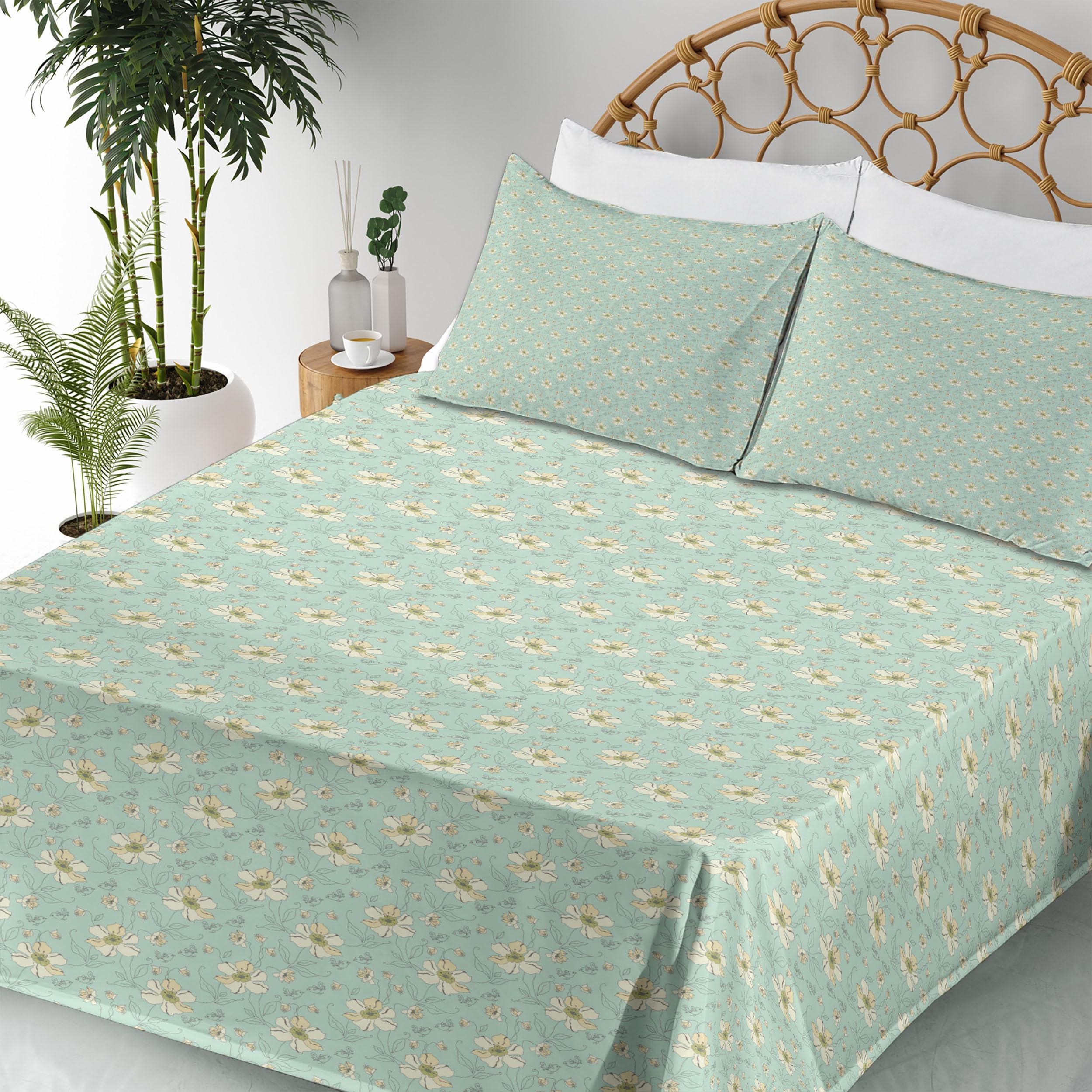 Ambesonne Floral Sheet Set - 4 Piece King Size Bedding with Continuous Flowers Print in Fresh Pastel Mint Green & Pale Yellow | Soft Fitted & Flat Sheets + Pillowcases | Perfect for Master Bedroom, Guest Room & Cozy Home Decor