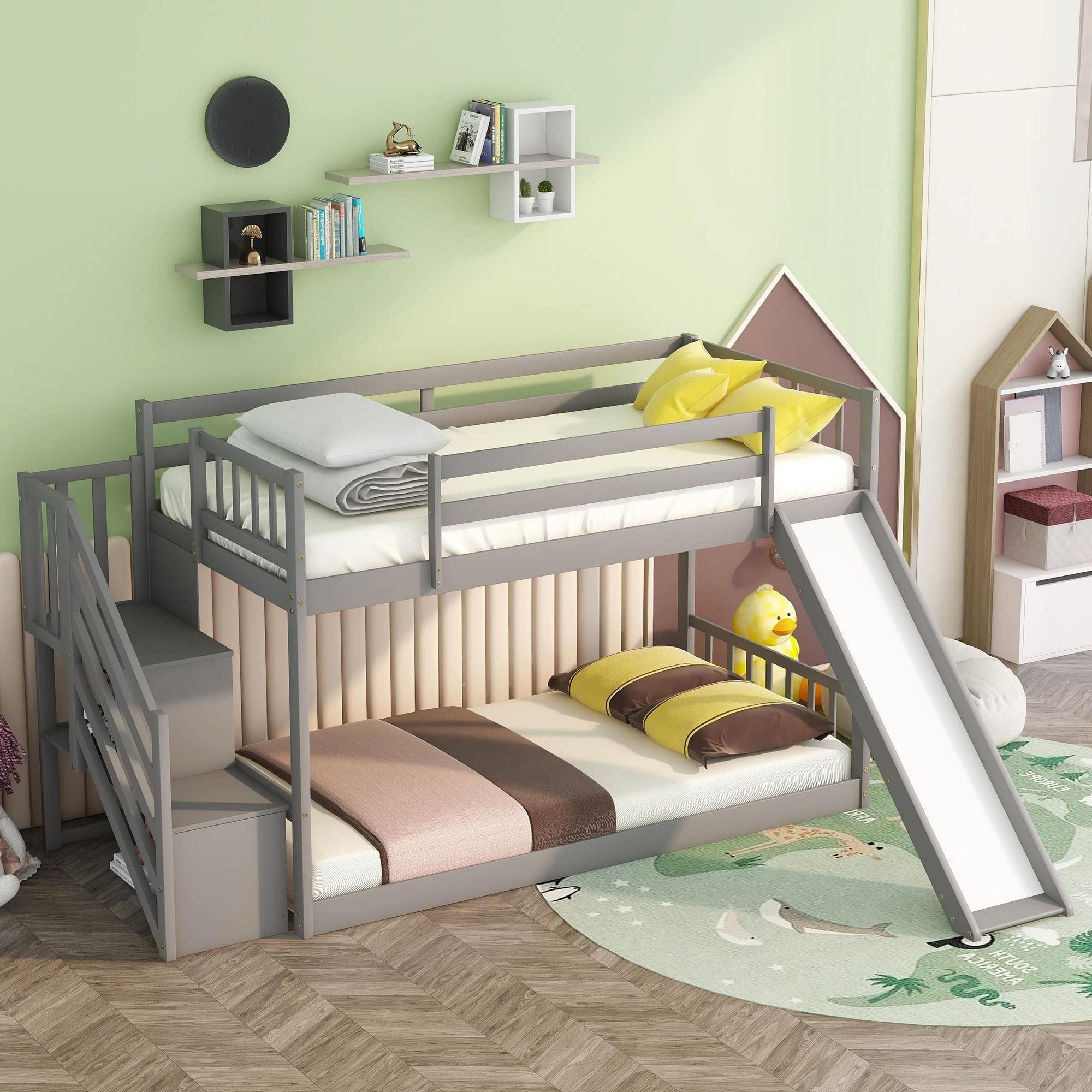 Harper & Bright Designs Twin Over Twin Low Profile Bunk Bed with Slide & Staircase - Solid Wood Kids Bunk Bed, No Box Spring Needed, Grey - Perfect for Small Bedrooms, Kids' Rooms & Sleepovers