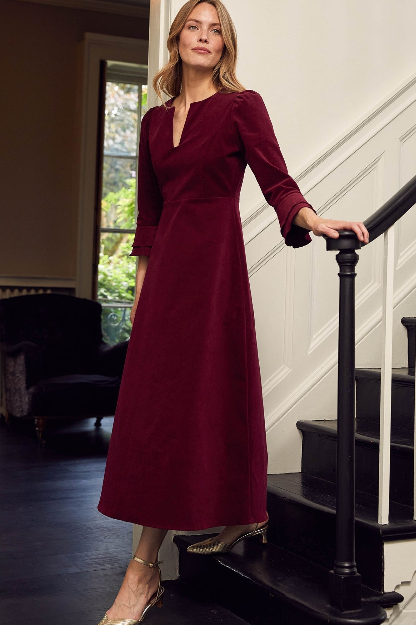 Stylish Jocelyn V-Neck 3/4 Sleeve Stretch Corduroy Dress in Wine Red | Women's Fall Winter Fashion Dress for Office, Party & Casual Wear
