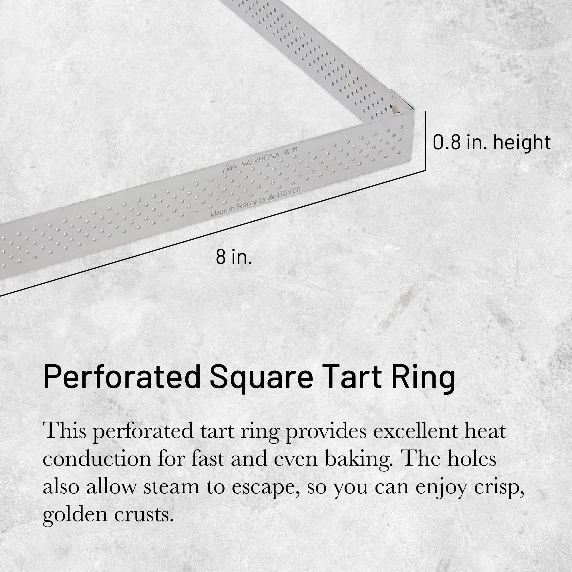 De Buyer Perforated Square Tart Ring - 8” x 8” x 0.8” - Professional French Tart Pan for Crispy Pastries - Easy to Use & Clean - Perfect for Baking Tarts, Quiches & Desserts - Made in France