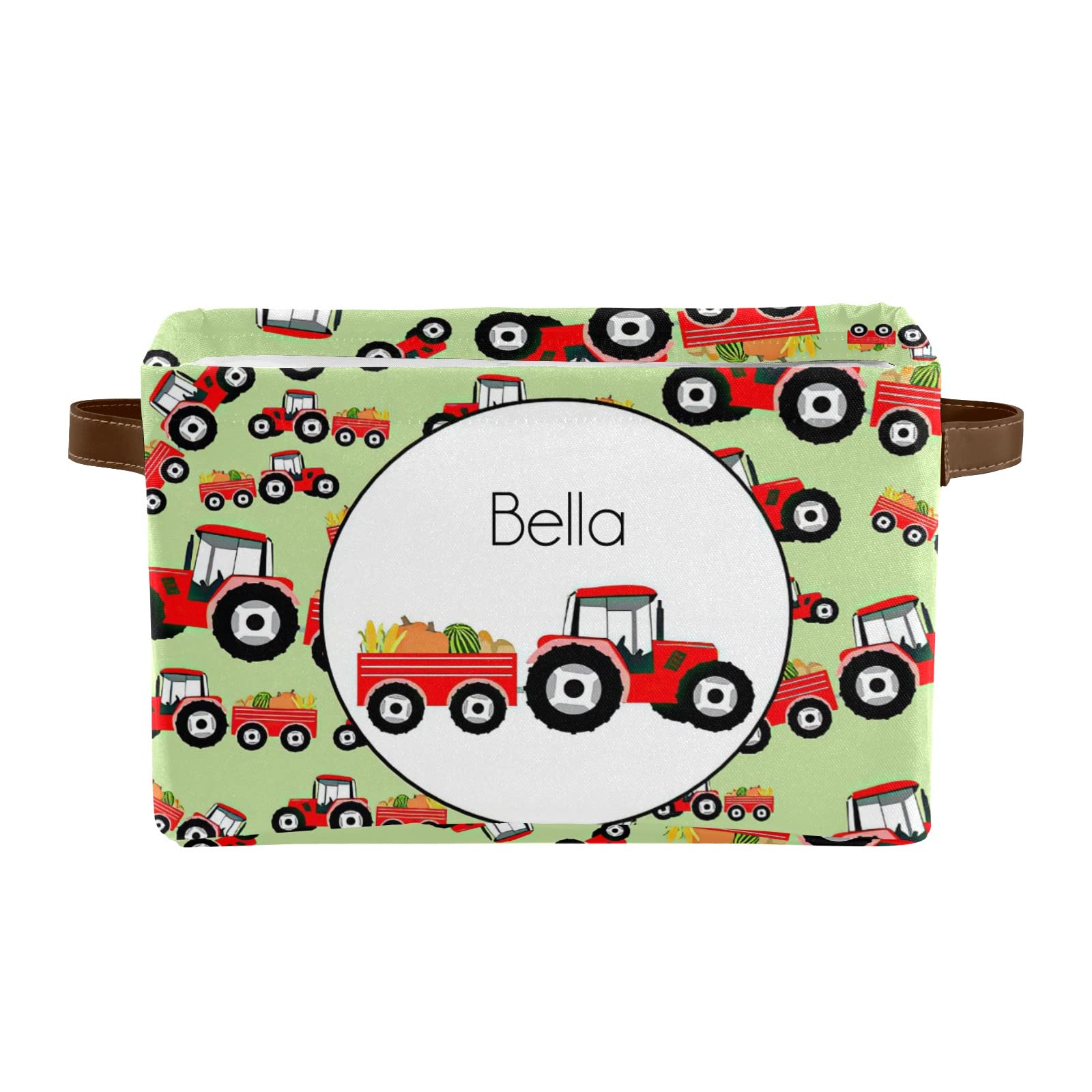 **Personalized Red Tractors Canvas Storage Basket - Waterproof Nursery Organizer with Custom Name Text - Ideal for Baby Room, Toy Storage & Gift (1 Pack)**