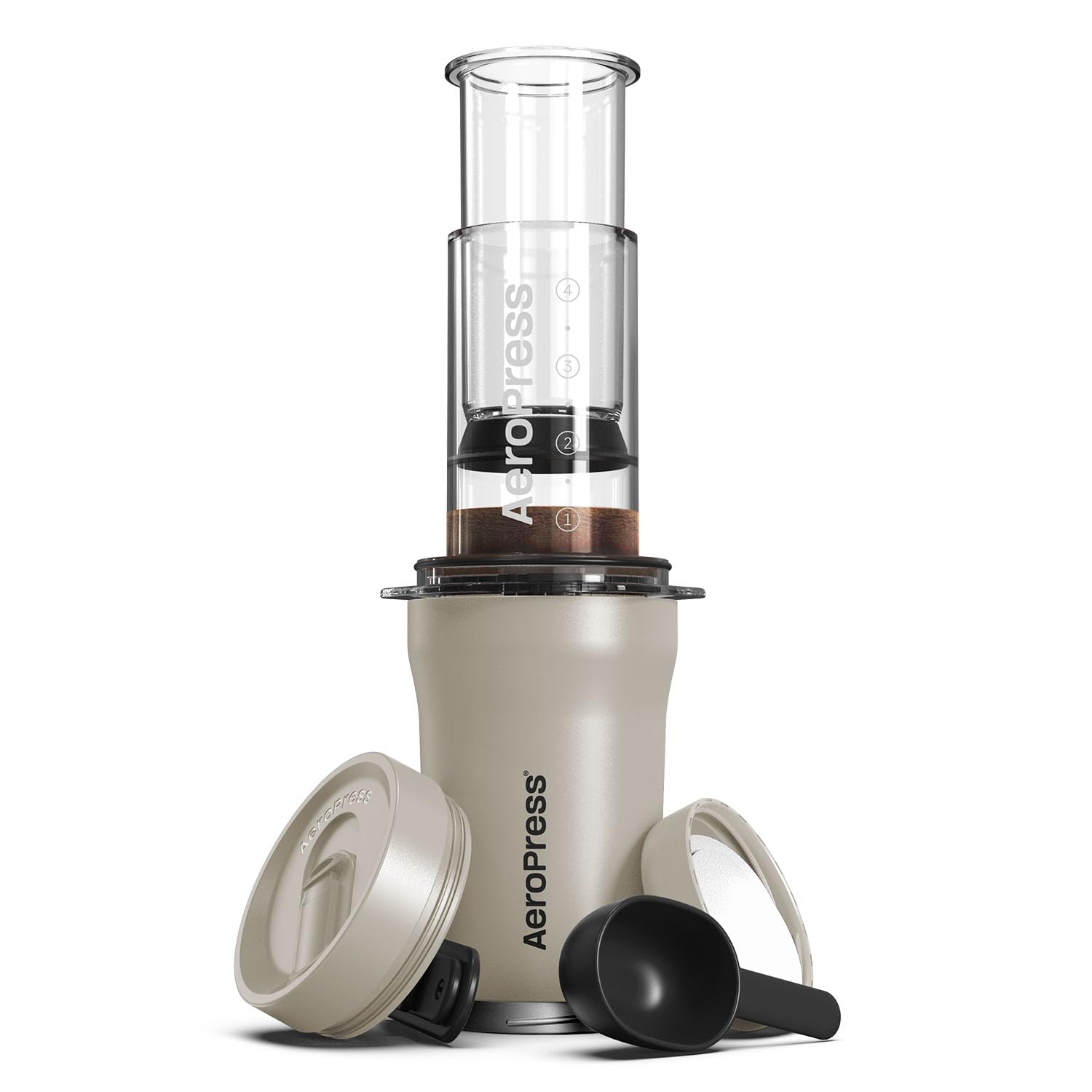 AeroPress Go Plus Portable Travel Coffee Maker - 3-in-1 French Press, Pour Over & Espresso Brewer for Camping & Outdoor Use - Bitter-Free Full-Bodied Coffee Kit with Cream (Ideal for Backpacking, Road Trips & Office Use)