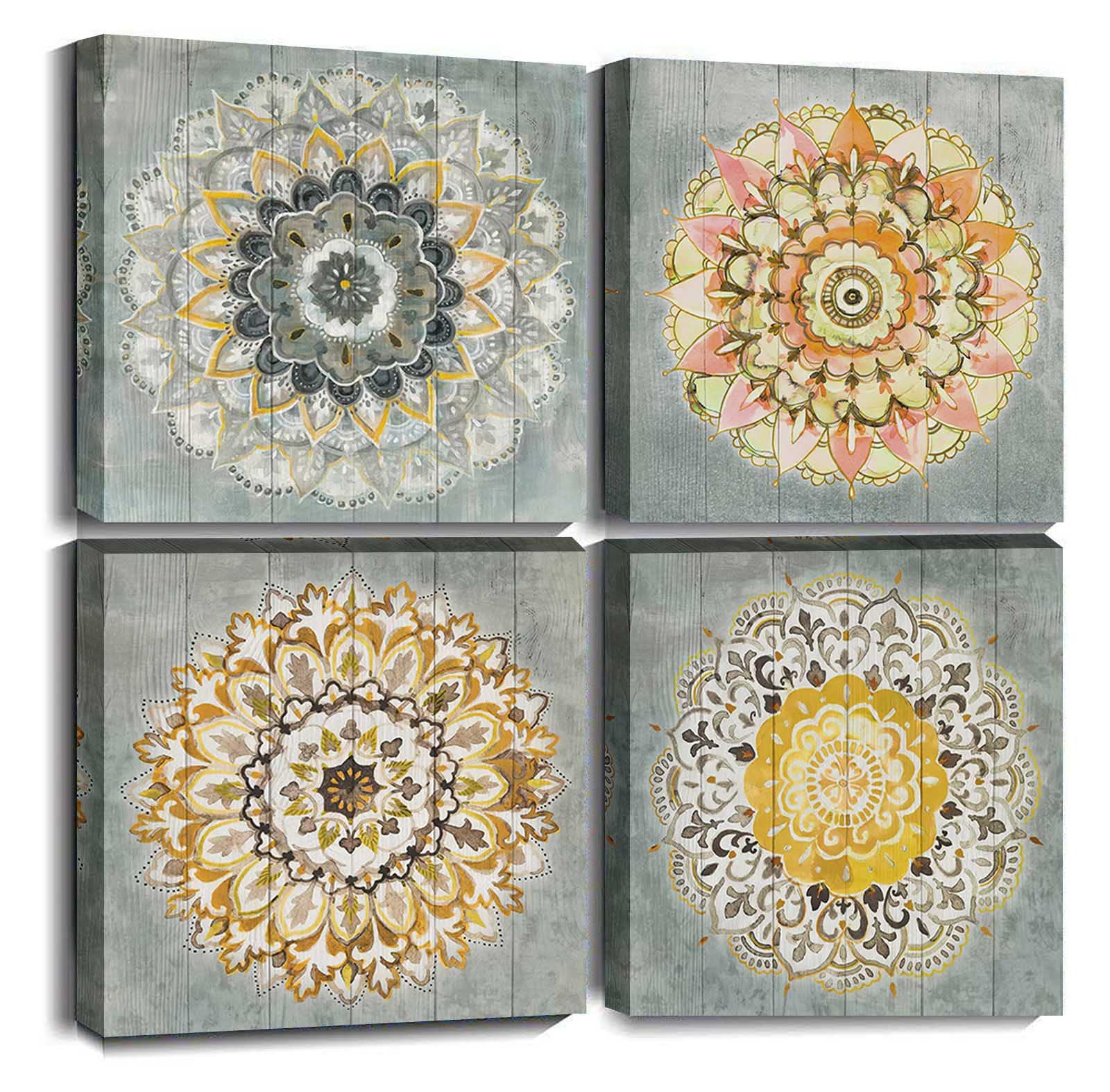 Vintage Floral Canvas Prints Wall Art - 4 Piece Framed Mandala Artwork Set (16x16 Inches) for Bathroom, Home & Office Decor - Perfect for Spa, Meditation Room and Bohemian Style Interior Design