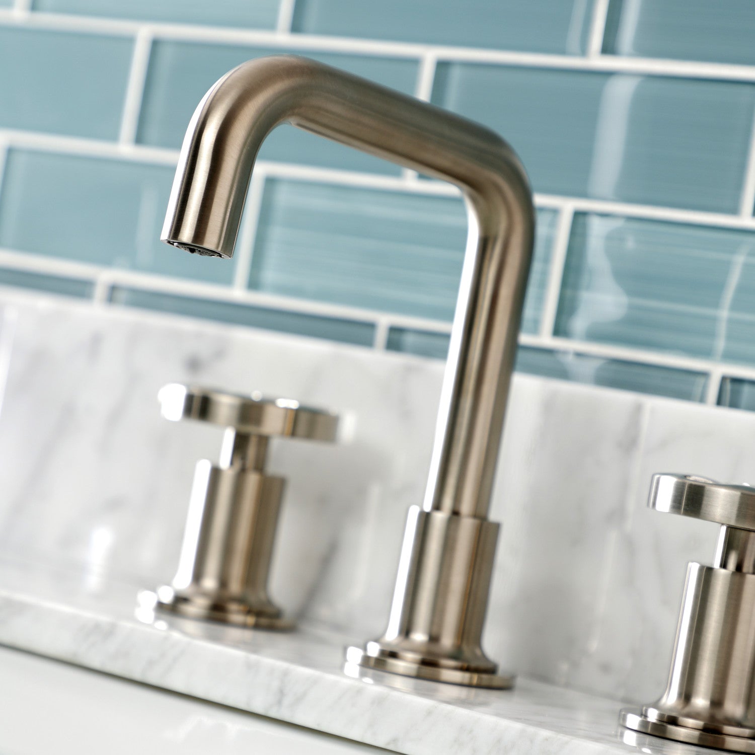 Belknap KS142RXBN Brushed Nickel Widespread Bathroom Faucet - 2 Handle 3 Hole Deck Mount with Push Pop Up Drain - Perfect for Modern Bathroom Renovations and Vanity Upgrades