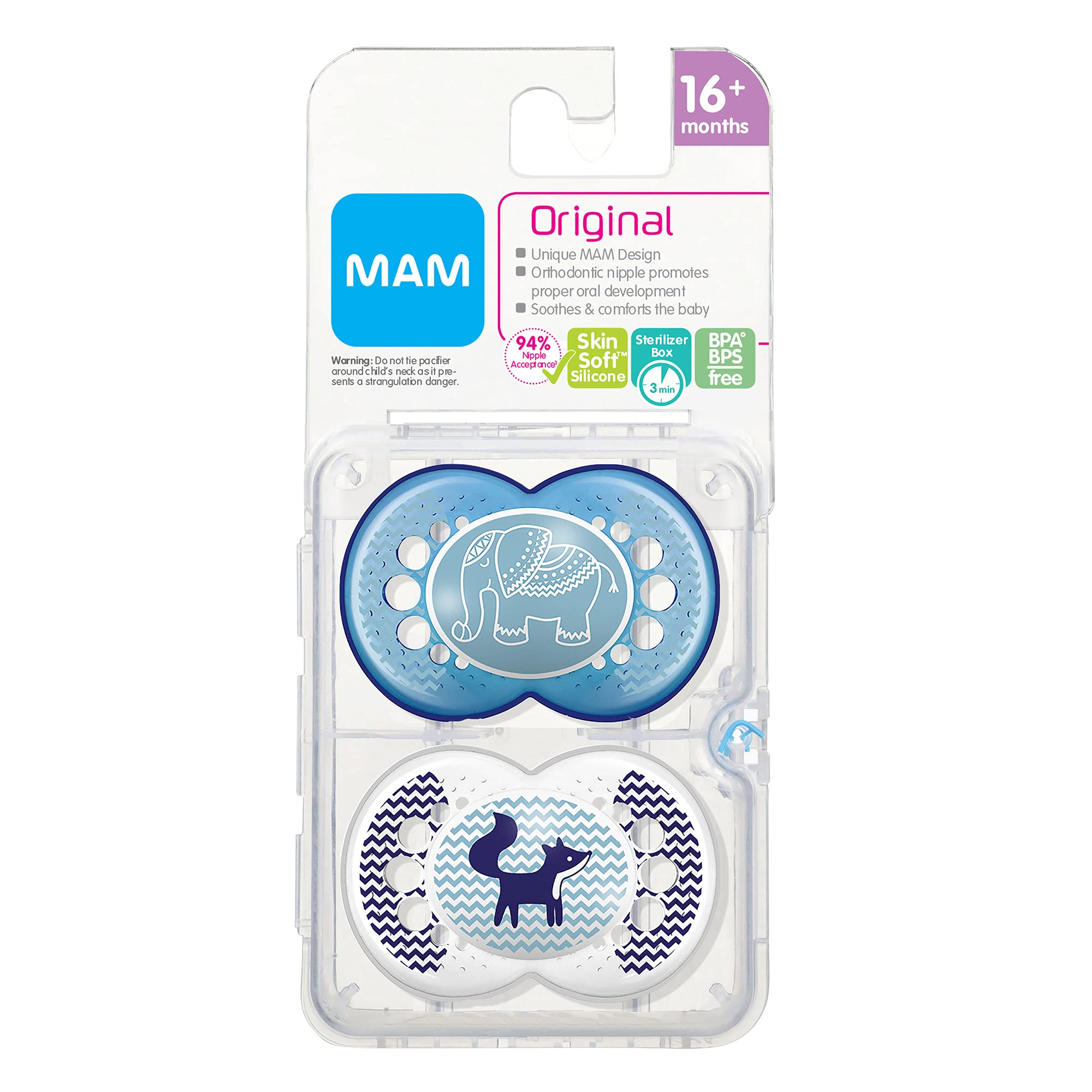 MAM Original Baby Pacifier - 2 Pack for 16+ Months | Orthodontic Nipple Design Promotes Healthy Oral Development | Includes Sterilizer Case | Cute Animal/Boy Designs | Perfect for Daycare, Travel & Soothing Fussy Babies