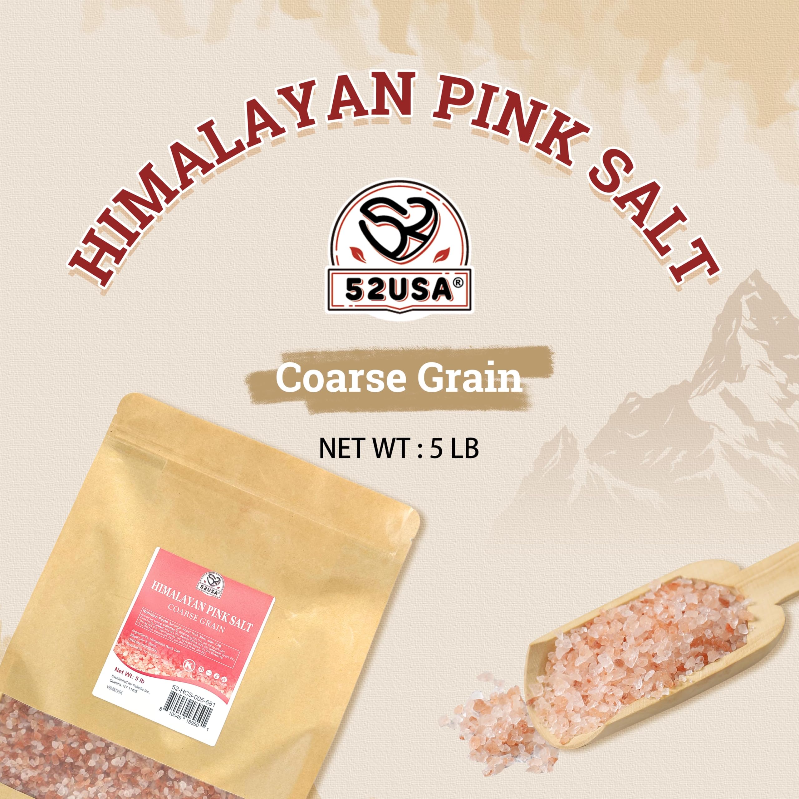 52USA Himalayan Pink Salt - Coarse Grain, 80 oz (5 Pound) - Natural Pink Himalayan Sea Salt for Grinder Refill & Cooking - Kosher, Gourmet Salt for Steaks, Salads & Seasoning