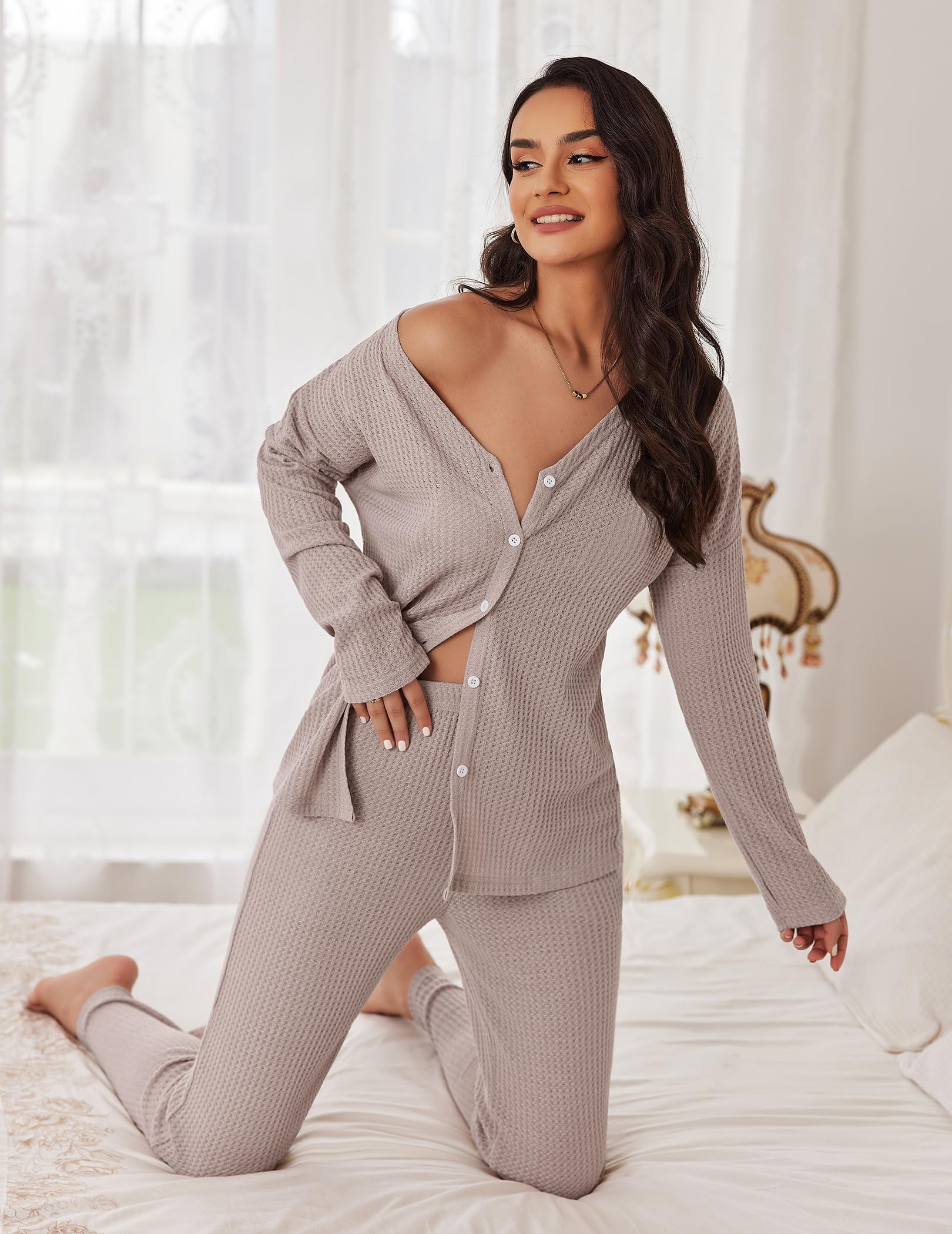 Ekouaer Women's Waffle Knit Pajama Set - Soft Button Down Sleepwear & Loungewear 2-Piece with Pockets - Cozy Nightwear for Relaxing at Home or Sleepovers