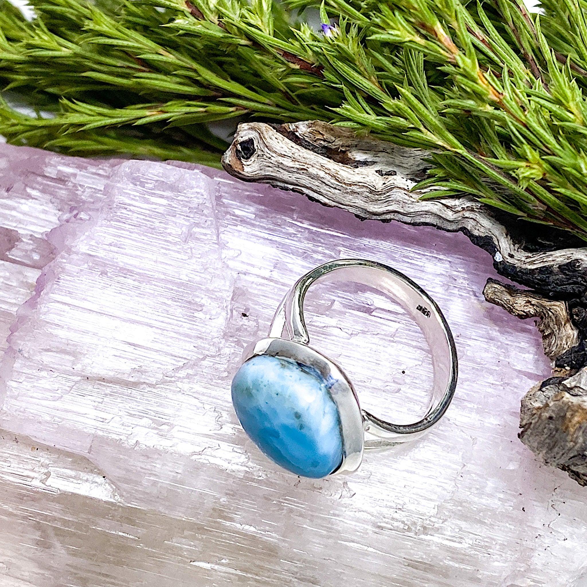 Larimar Teardrop Ring - Size 8 - KRGJ1363 - Handmade Sterling Silver Jewelry for Women - Perfect for Beach Weddings & Boho Fashion
