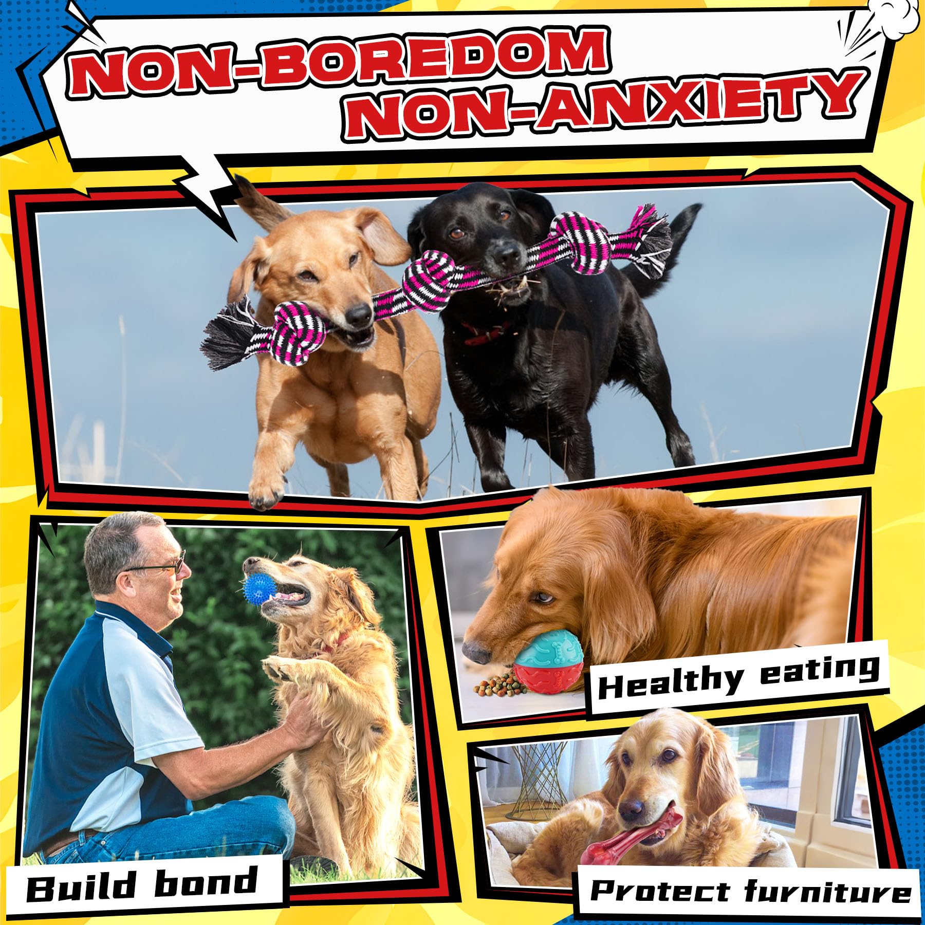 12 Pack Durable Dog Chew Toys for Aggressive Chewers - Heavy Duty Rope Toys, Squeaky Toys & Indestructible Chew Bones for Medium, Large & X-Large Dogs - Perfect for Playtime, Training & Teeth Cleaning