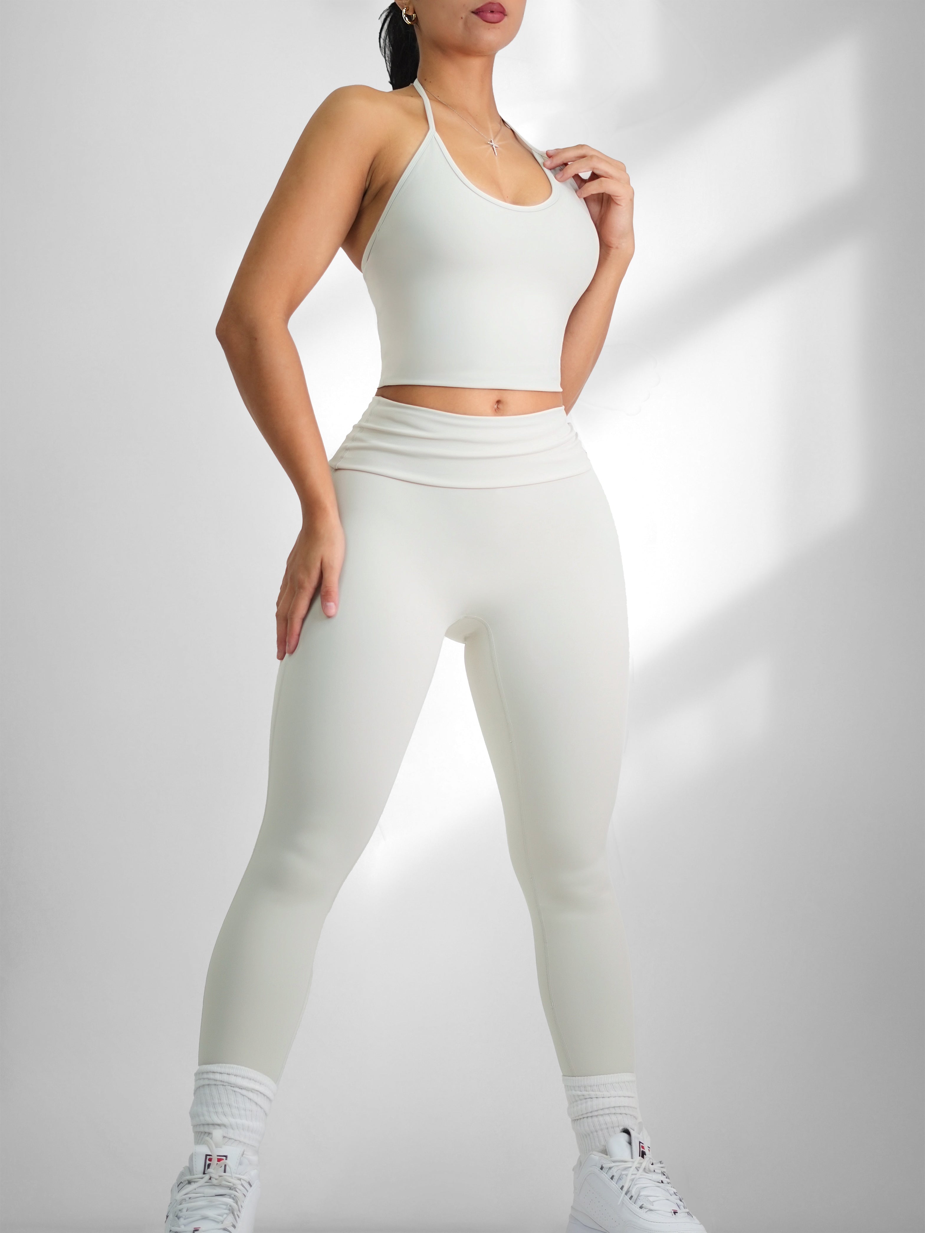 Foldable Yoga Leggings for Women - High Waisted Stretchy Workout Pants (Off White) | Perfect for Yoga, Pilates, Gym & Lounge Wear