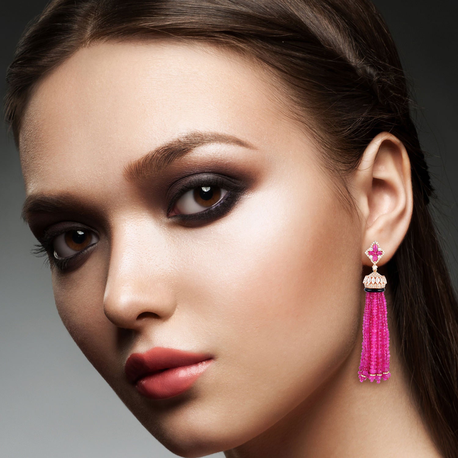 Rose Gold Faceted Ruby Beads with White Sapphire & Onyx Pave Diamond Tassel Earrings | Elegant Dangle Earrings for Women | Perfect for Weddings, Parties & Evening Events
