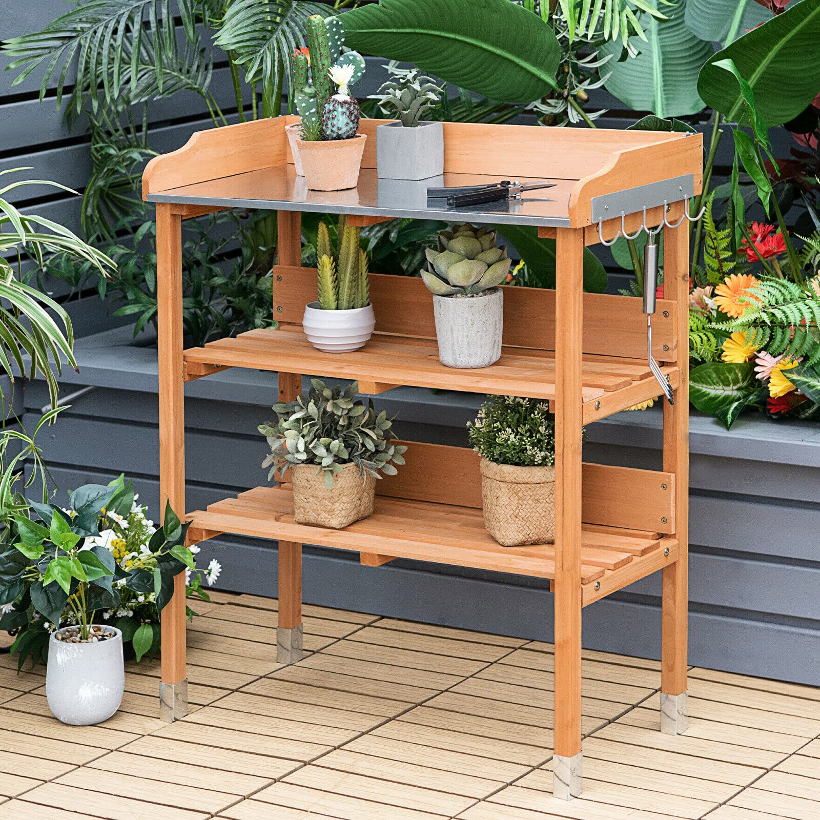 SAFSTAR Fir Wood & Metal Potting Bench with Open Shelves & Hanging Hooks - Heavy Duty Garden Workstation for Planting, Transplanting, and Outdoor Gardening - Perfect for Backyard, Balcony, and Greenhouse Use