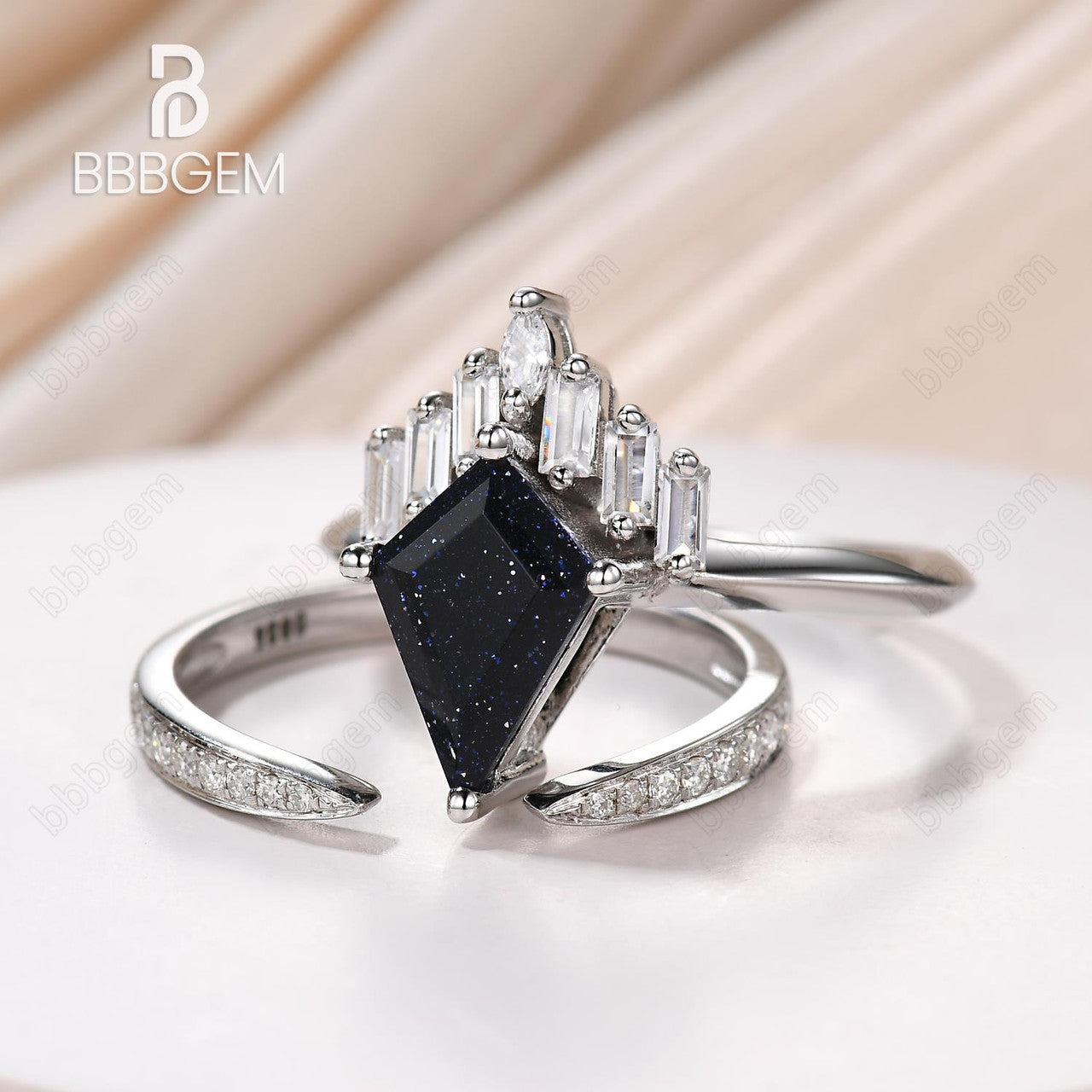18K White Gold Knife Edge Kite Blue Sandstone Engagement Ring with Cluster Baguette & Pave Moissanite - Elegant Wedding Band, Anniversary Gift for Her - Perfect for Proposals, Bridal Jewelry & Special Occasions