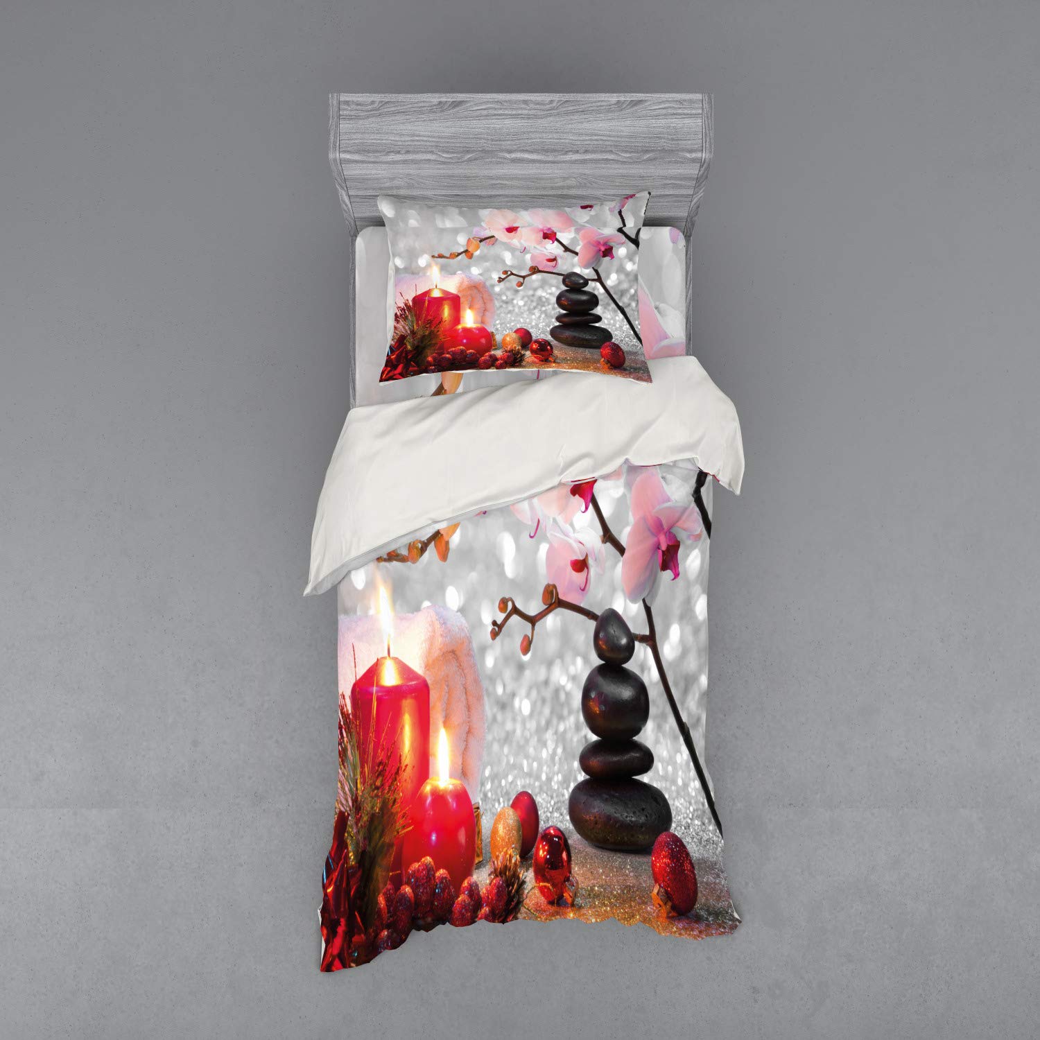 Ambesonne Winter Christmas Duvet Cover Set - 3 Piece Twin Size Bedding with Pink Orchid Stone & Red Candles Design | Red, Pink, Black & White | Perfect for Holiday Decor & Cozy Bedroom Makeover