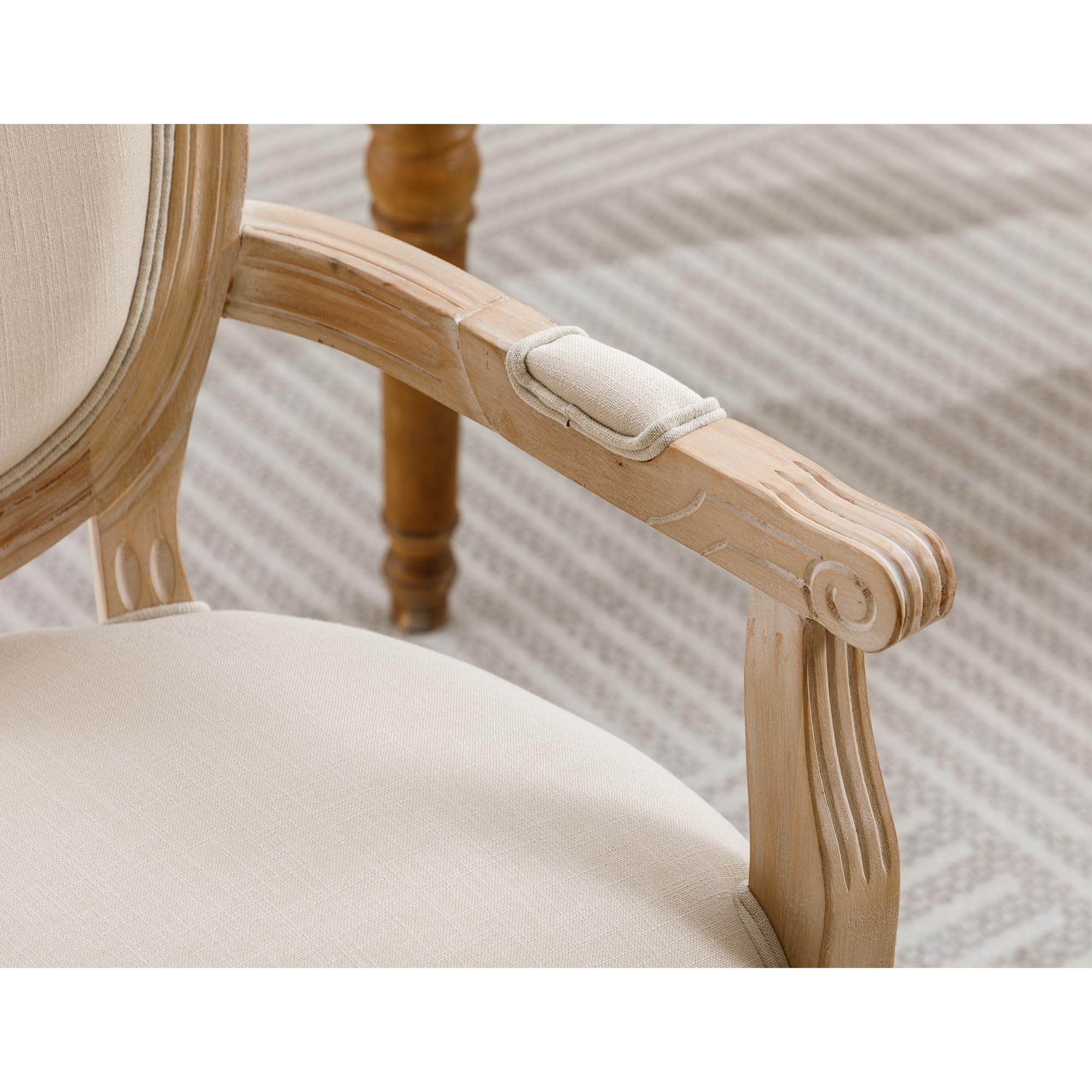 Solid Wood French Dining Chairs Set of 2 - Rustic Carved Wood Frame with Cane Back & Linen Upholstered Seat - Elegant Bistro Armchairs for Dining Room, Wedding, Living Room & Kitchen Decor