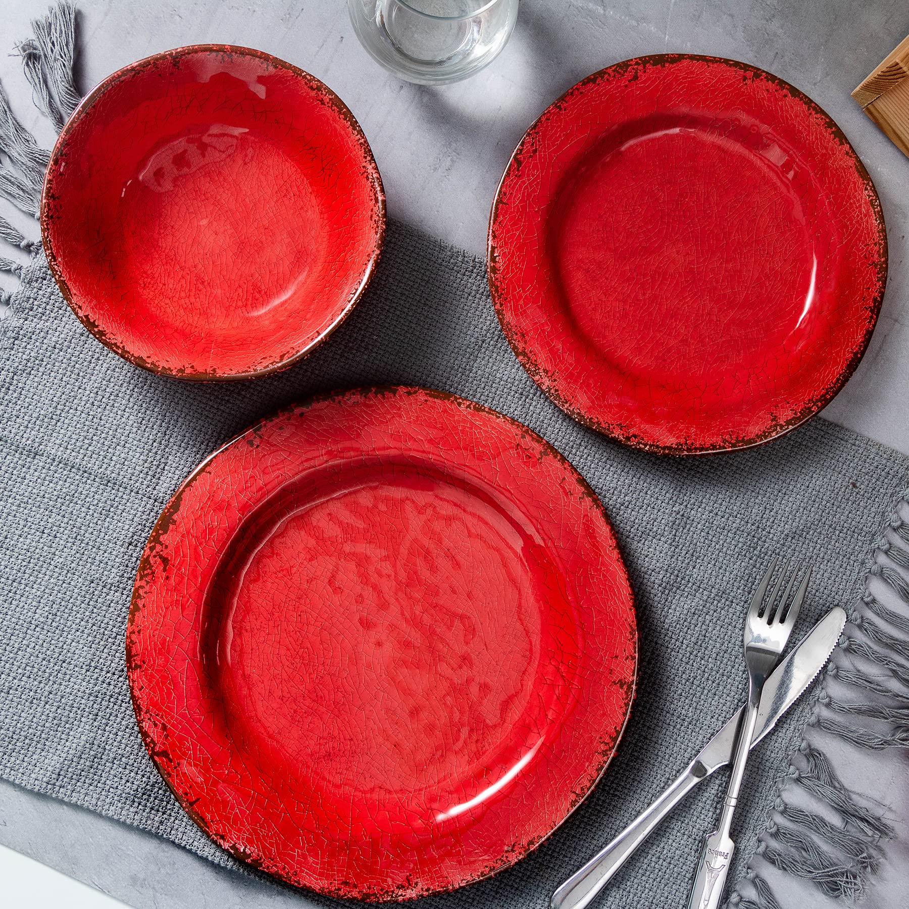 LEHAHA 12-Piece Farmhouse Dinnerware Set - Christmas Melamine Plates & Bowls for 4, Lightweight Unbreakable Dish Set - Perfect for Indoor Dining, Outdoor Parties & Picnics (Red)