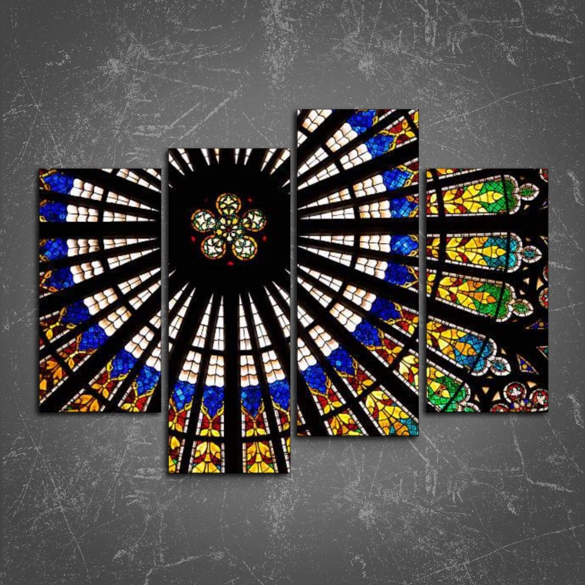 Strasbourg Cathedral France Leaded Glass Window Art Print on Canvas - 4 Panel Modern Wall Decor for Living Room, Bedroom & Office | PeeNoke Home Decor