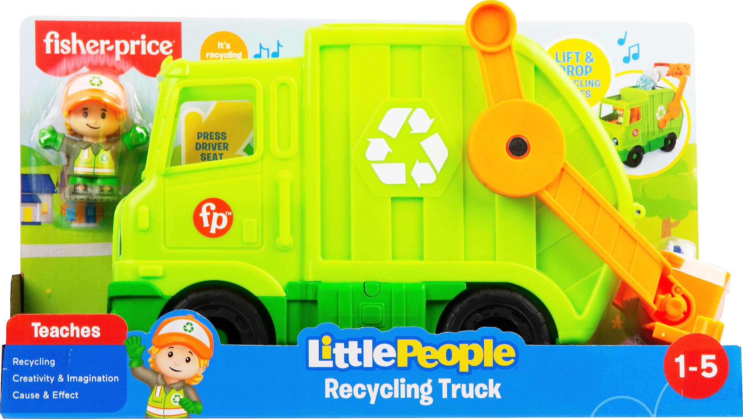 Fisher-Price Little People Toddler Toy Recycling Truck with Lights & Sounds - Musical Garbage Vehicle Playset with Figure for Kids Ages 1-5 Years - Preschool Pretend Play & Eco-Friendly Learning Toy for Home & Classroom