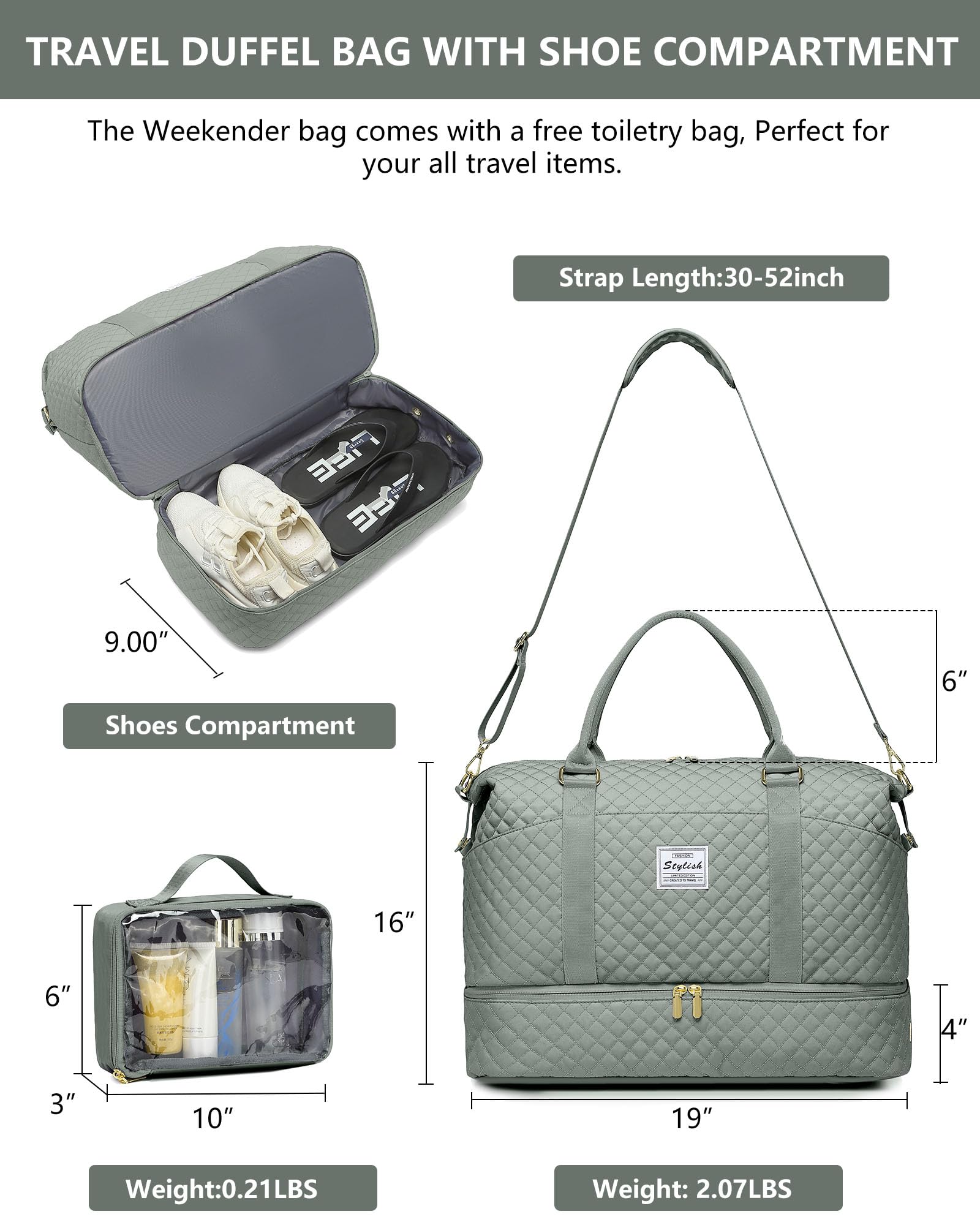 Women's Weekender Duffle Bag - Large Travel Duffel with Shoe Compartment, Carry-On Overnight Bag & Hospital Bag for Labor Delivery (Green) | Perfect for Weekend Getaways, Gym Trips & Maternity Hospital Visits