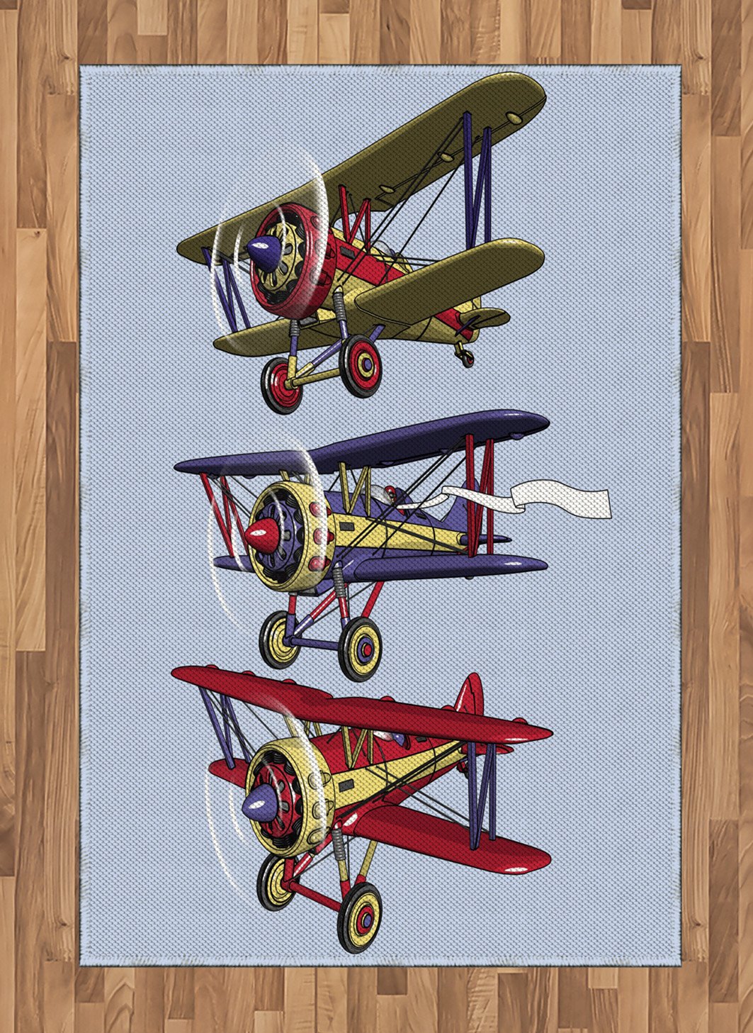 Vintage Airplane Area Rug - 3 Biplanes Flying in Sky Ink Painting Design, Old Fashioned Travel Themed Flat Woven Accent Rug 4'x5'7