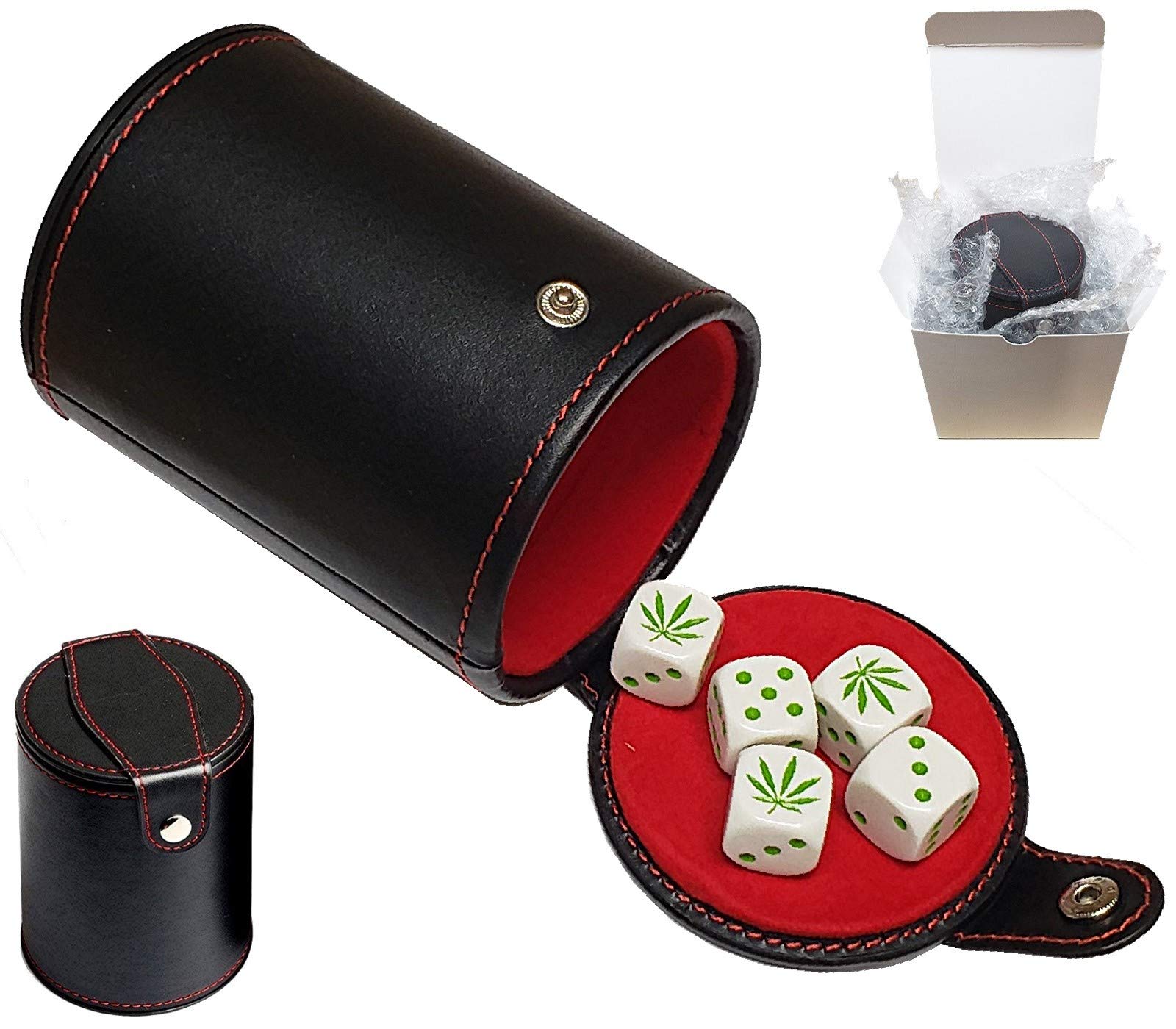 Premium Black PU Leather Dice Cup with Storage - 5 Pack 16mm Rounded Corner Cannabis-Themed Dice Set (Gift Box, Red Felt Lining) - Perfect for Board Games, Poker Nights & 420 Parties