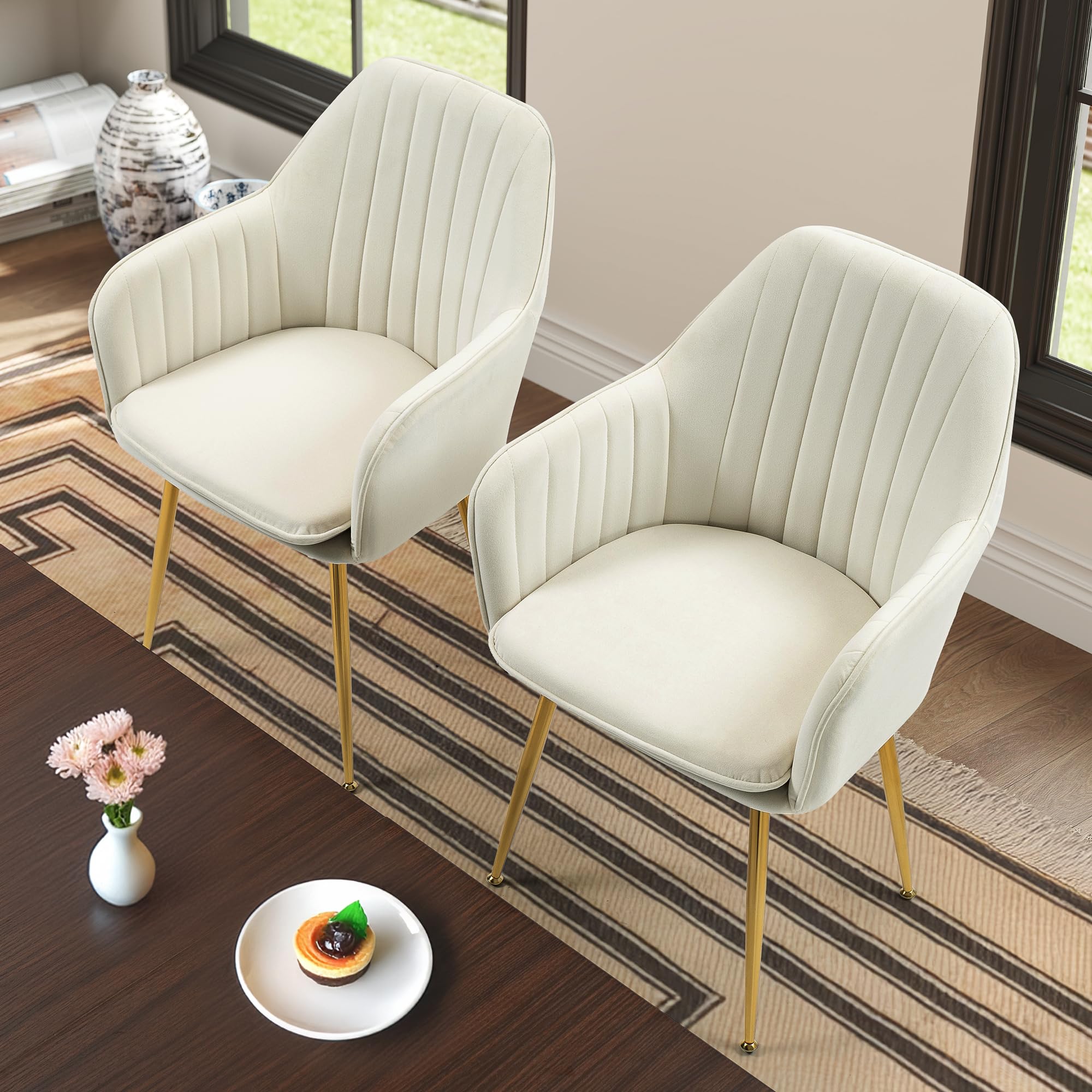 ECOTOUGE Velvet Dining Chairs Set of 2 - Modern Upholstered Armchairs with Golden Metal Legs, Mid Century Kitchen & Living Room Accent Chairs in Beige | Perfect for Dining Room, Breakfast Nook & Lounge Area